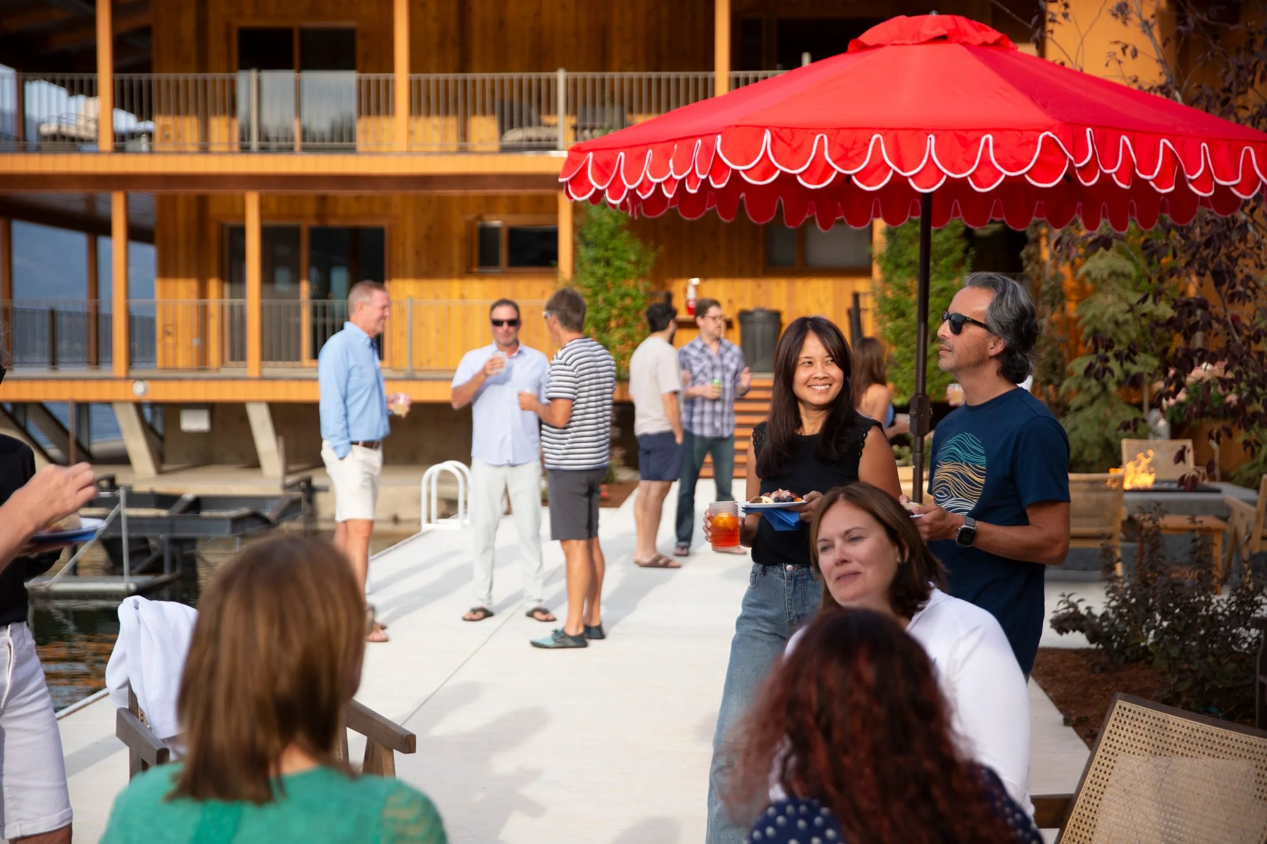 Guests gathered outside the lodge at The Retreat on Lake Pend Oreille in Sagle, Idaho