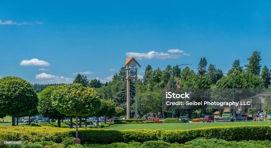 A park with neatly trimmed hedges and trees, a tall clock tower, and a parking lot with cars under a blue sky with some clouds.