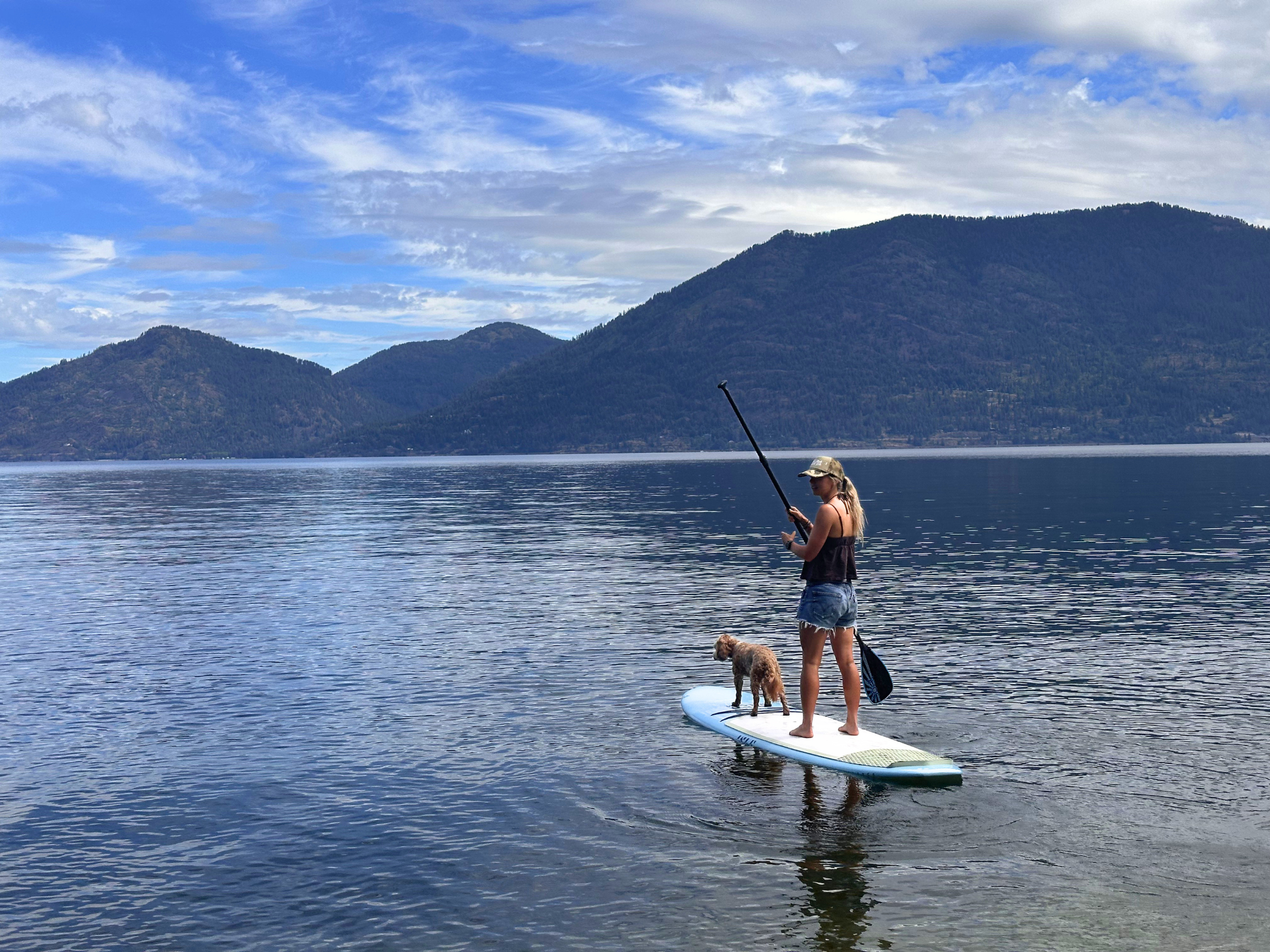A guest steadying a paddleboard with her dog aboard on Lake Pend Oreille in Sagle, Idaho