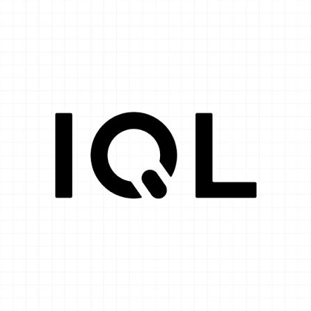 Black IQL logo on a white grid background