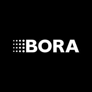 BORA logo with a dotted square icon in white on a black background