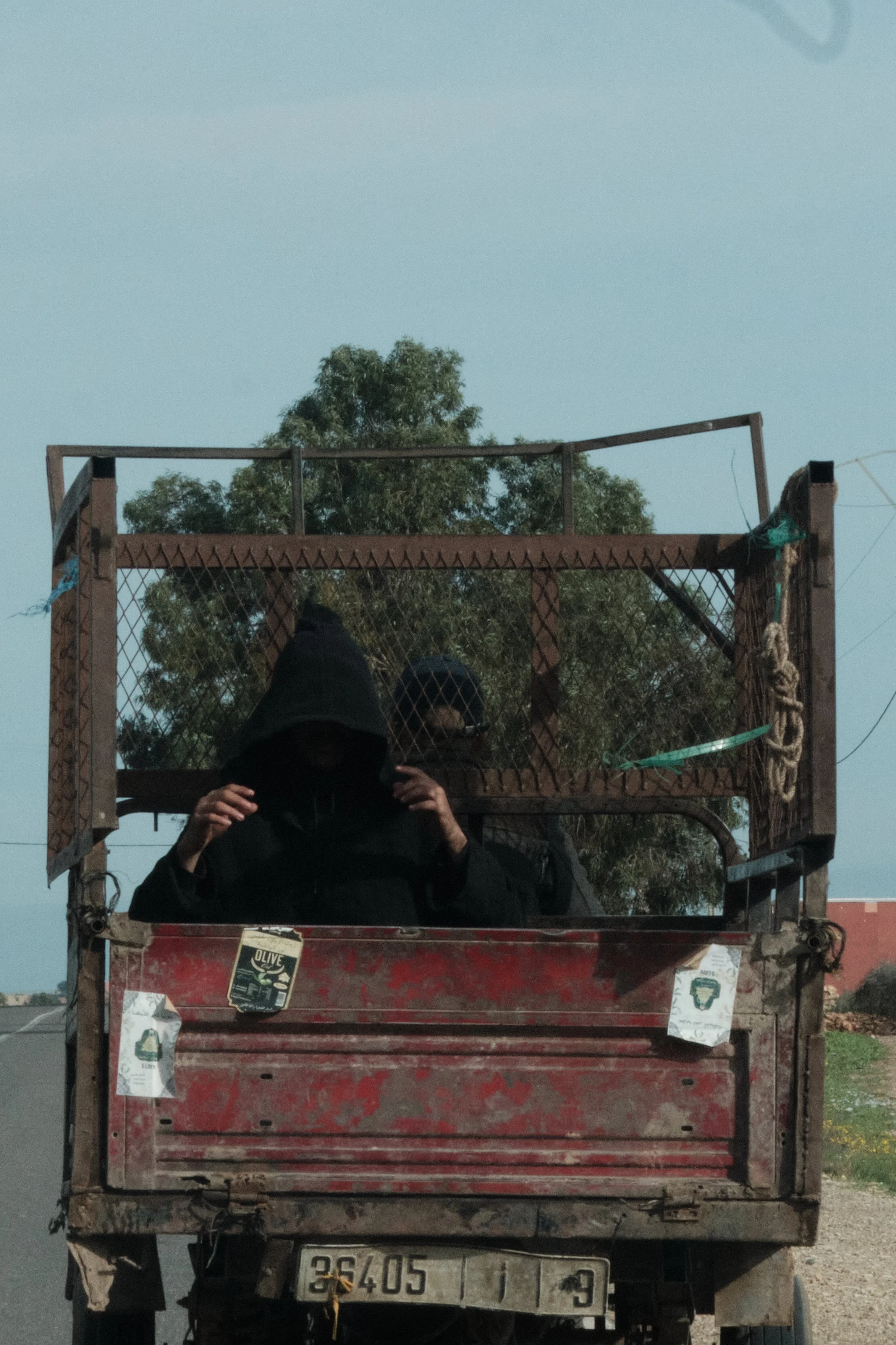 Una persona vestita di nero si guarda nello specchio di un camion, con le mani sulle spalle. Il camion ha una struttura metallica sopra con reti e cartelli di plastica attaccati.