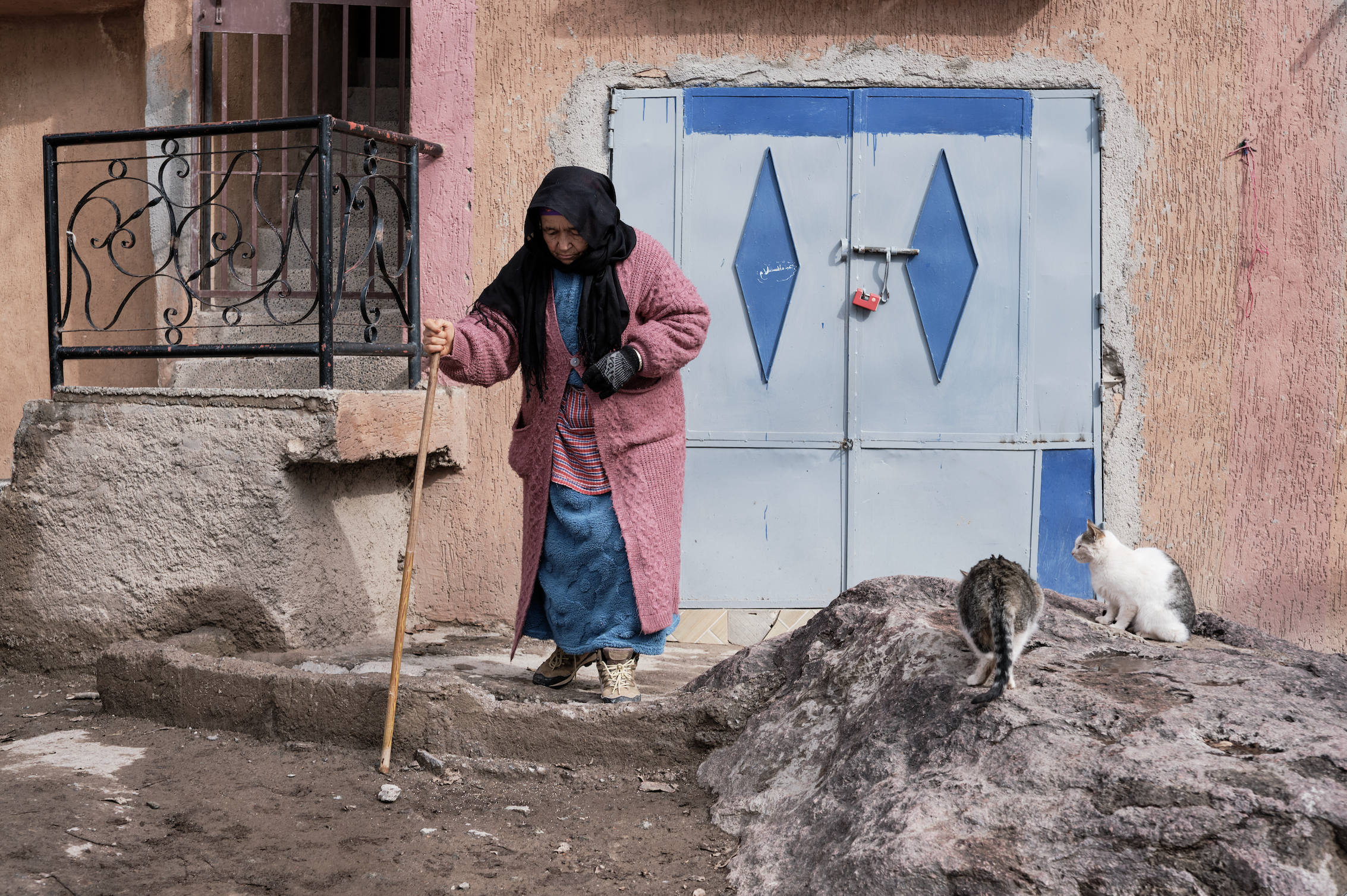 Una donna anziana indossa un lungo cappotto rosa e una gonna blu, tiene un bastone e cammina su un terreno riarso davanti a una porta blu. Sullo sfondo una parete rosa e una finestra con grate. Ci sono tre gatti, uno bianco e due tigrati, seduti su u