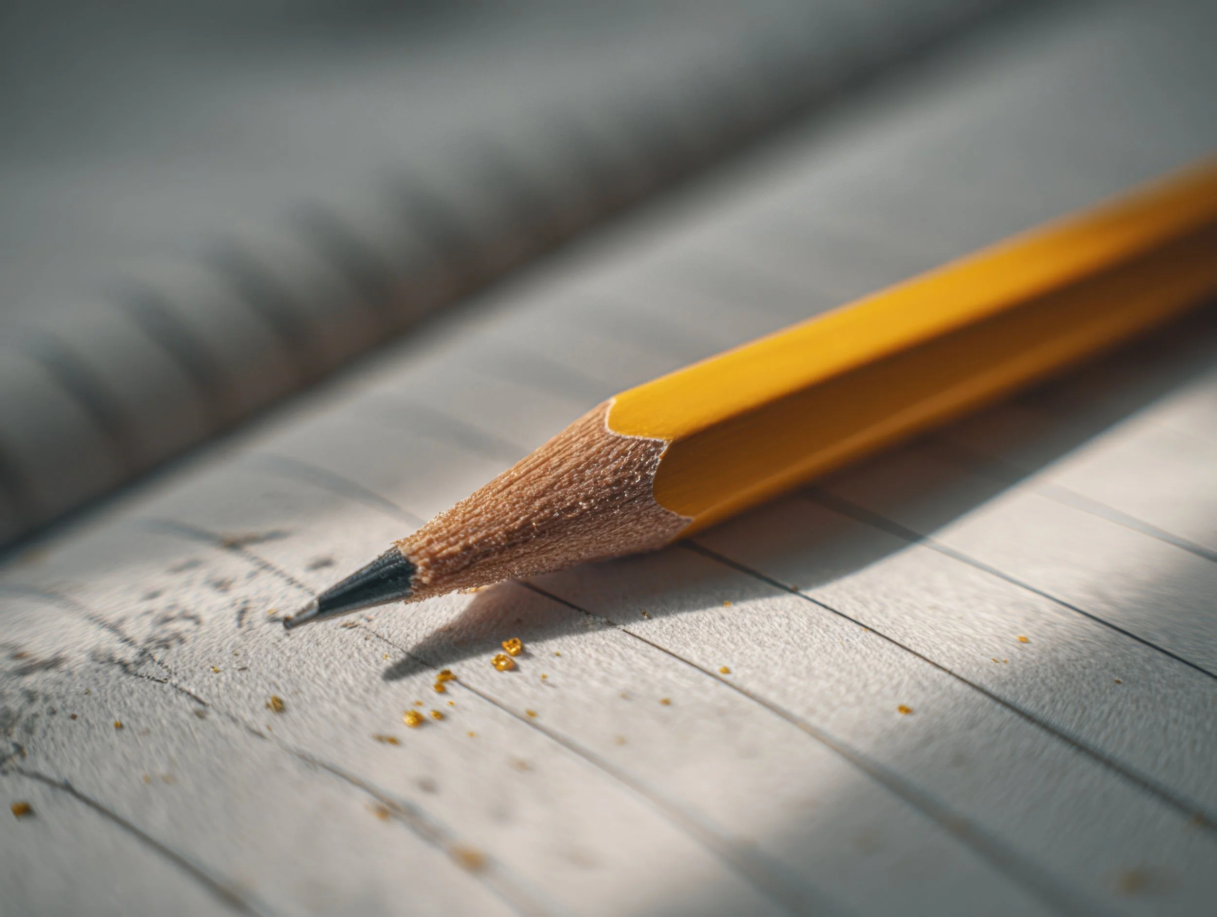 Close-up of a sharpened yellow pencil resting on a lined paper with small yellow debris and a blurred background.