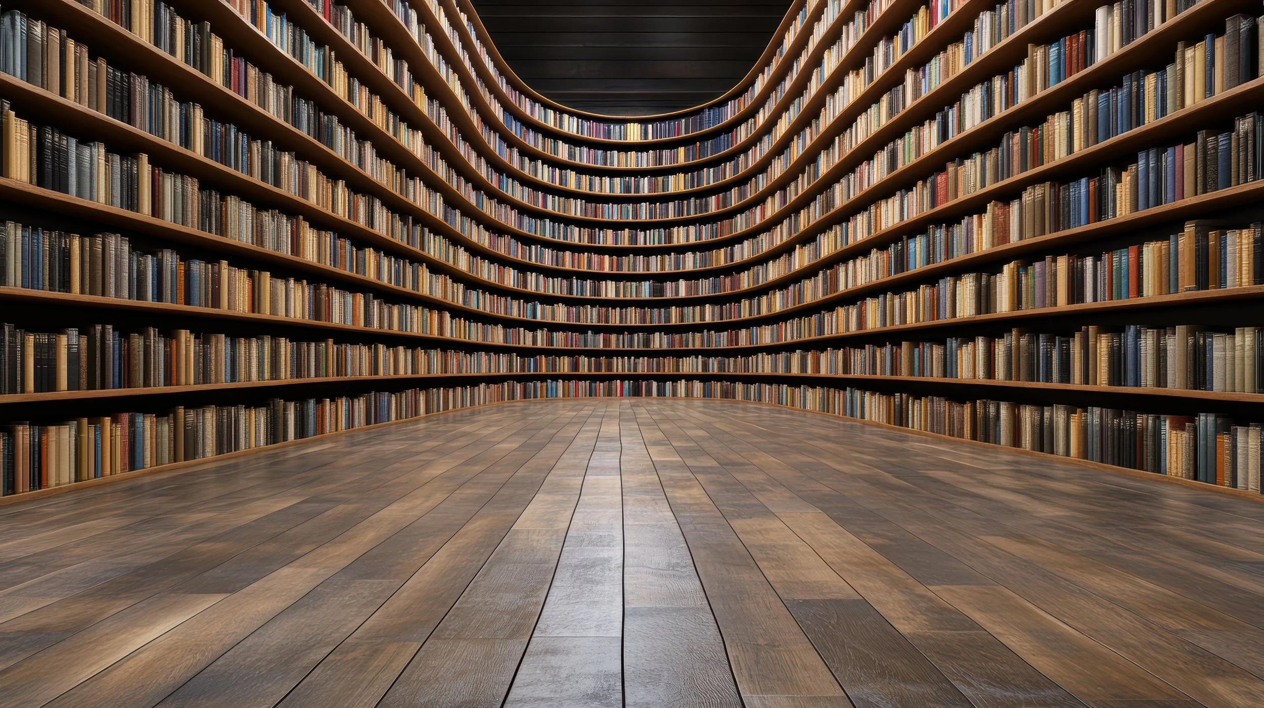 Interior of a large wooden bookshelf with multiple rows of books in a curved shape inside a library.
