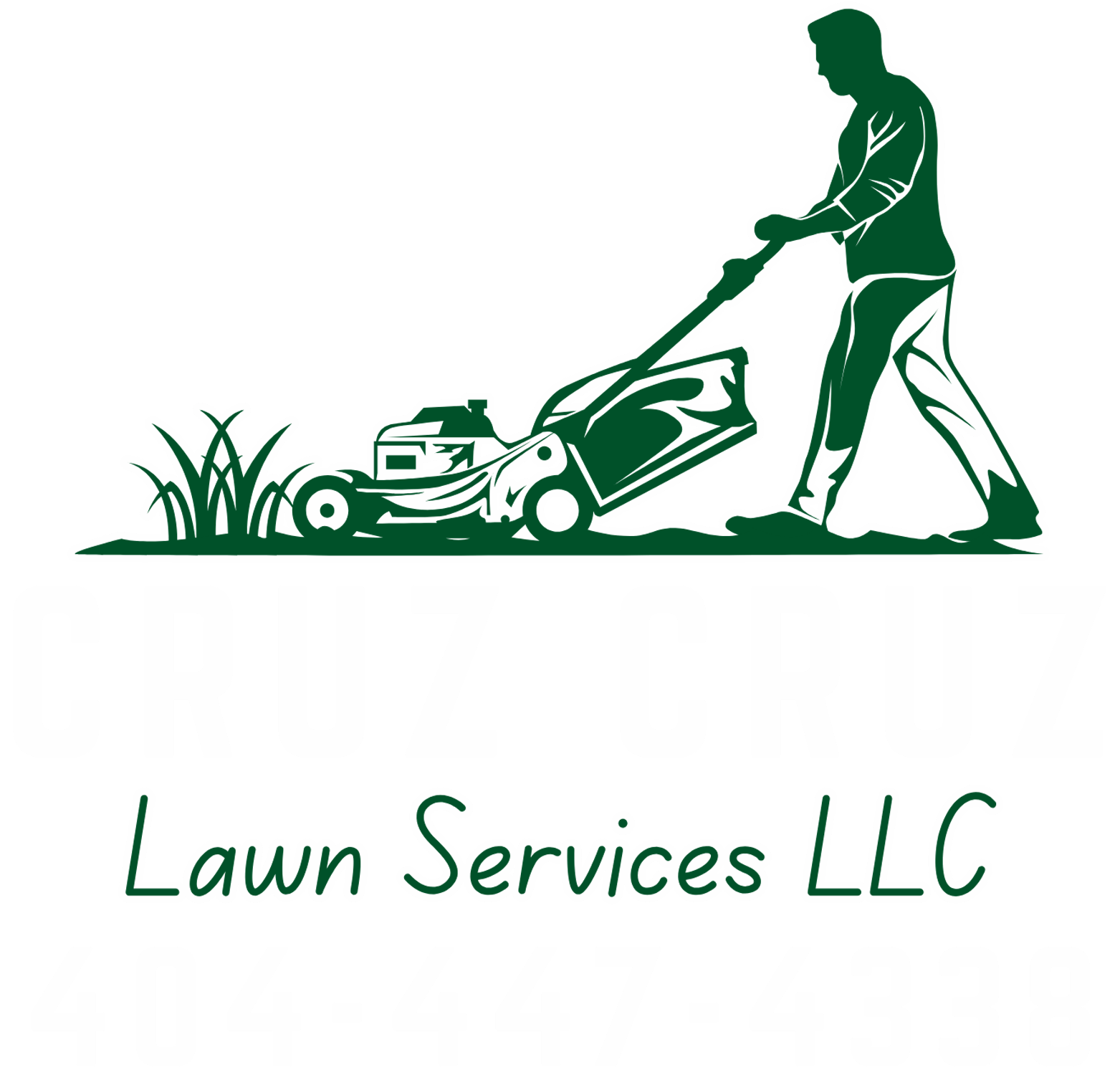 Logo of Cruz Cruz Lawn Services LLC, featuring a person pushing a lawnmower, with text and contact information.