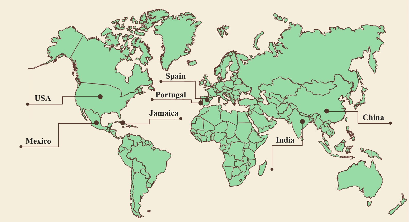 Map of the world with specific countries labeled: USA, Mexico, Jamaica, Spain, Portugal, China, India.