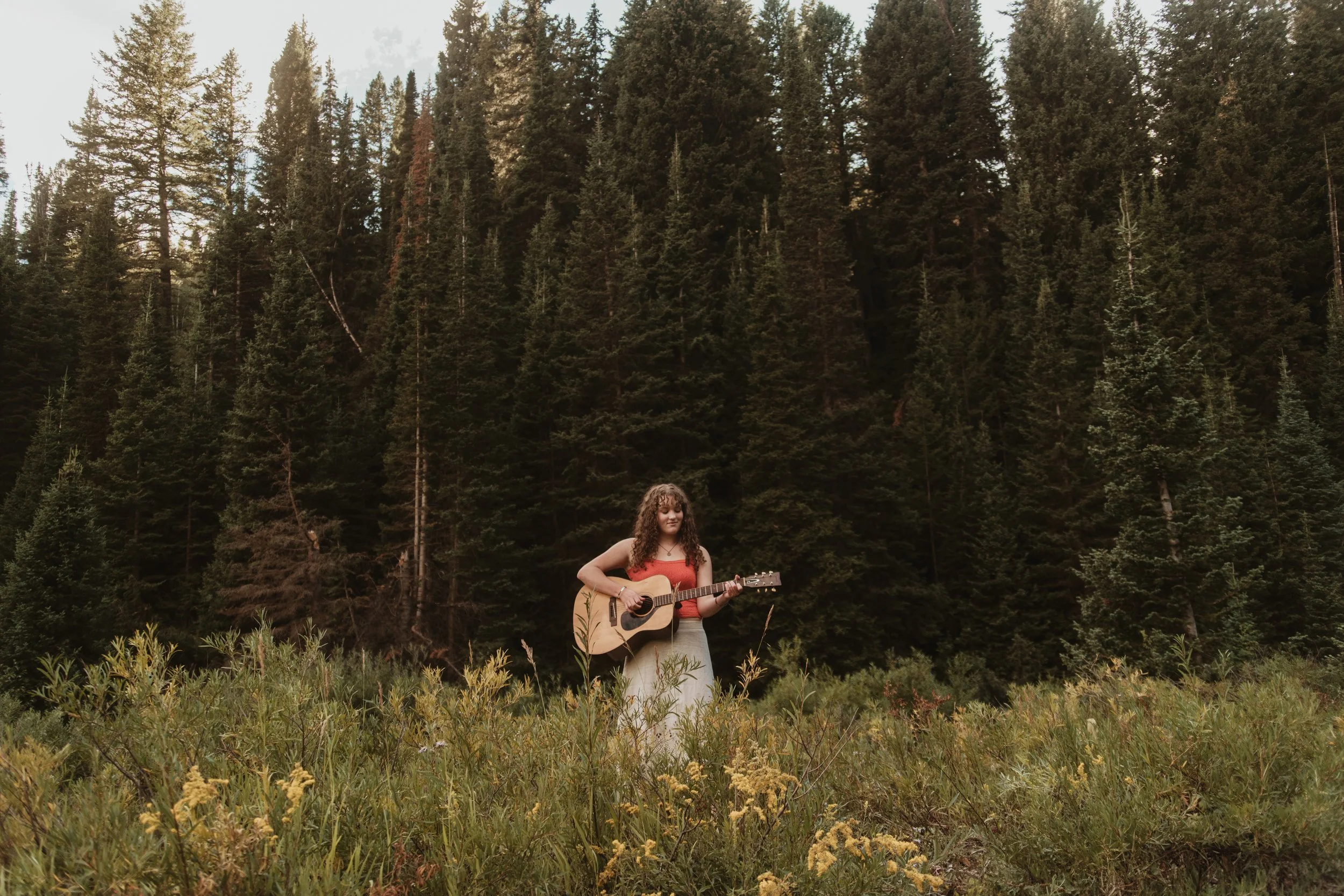 A woman with curly hair stands in a grassy field playing an acoustic guitar, surrounded by tall pine trees in a forest setting under a cloudy sky.