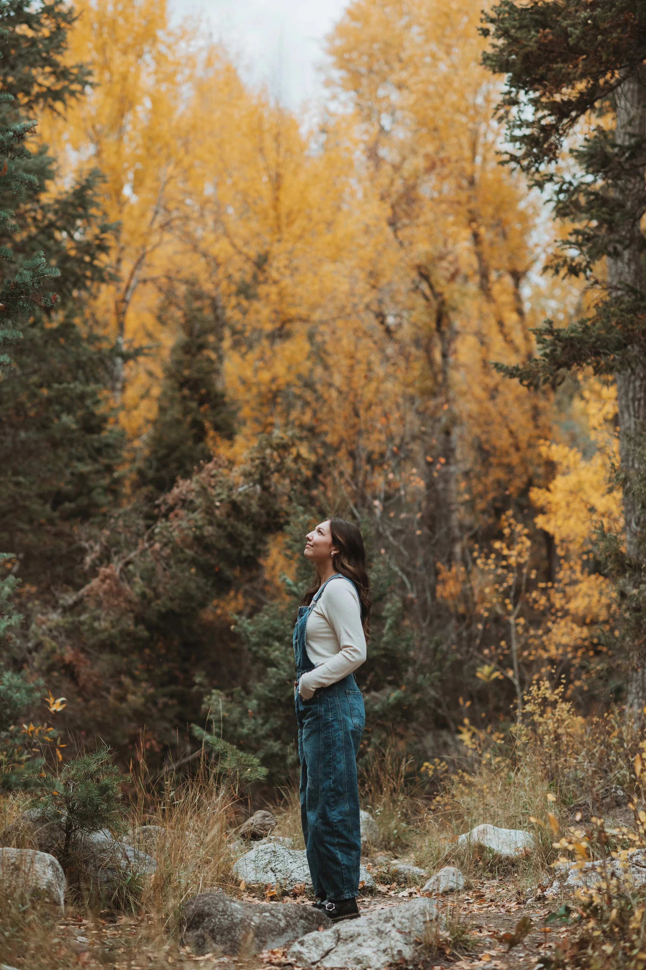 A woman standing in a forest during autumn, surrounded by trees with yellow leaves, rocks, and dry grass.
