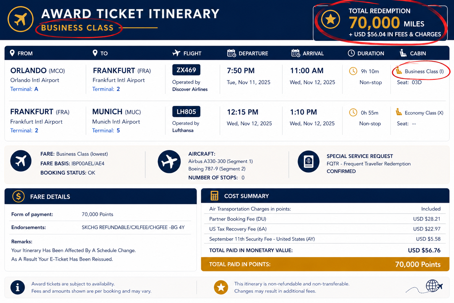 Airline award ticket itinerary showing a flight from Orlando to Frankfurt on November 11, 2025, in business class, with a total of 70,000 miles redeemed, and additional fees of 56.04 USD.