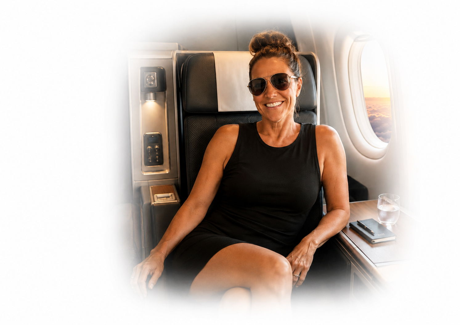 A woman smiling and wearing sunglasses, sitting in business class on an airplane with a window view of clouds and sunset.