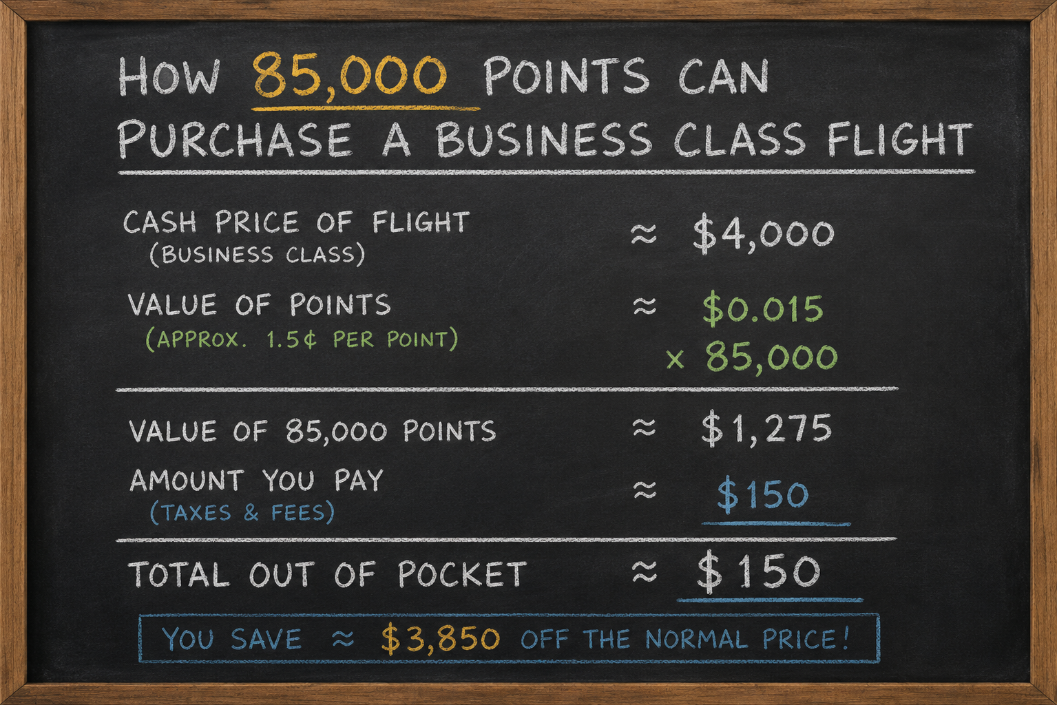 Chalkboard with writing explaining how 85,000 points can buy a business class flight, including details on the cost of the flight, value of points, total points value, taxes and fees, total out of pocket cost, and savings.