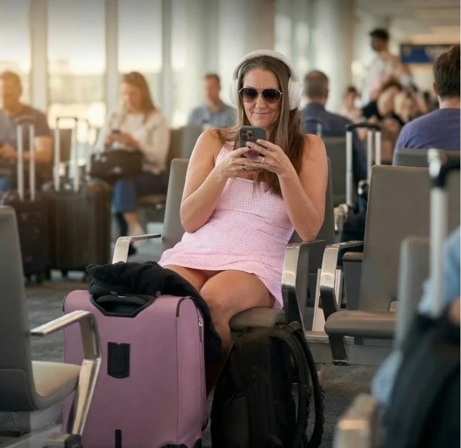Woman wearing sunglasses and headphones sitting in an airport waiting area, using her phone. She has a pink suitcase and a backpack at her feet.
