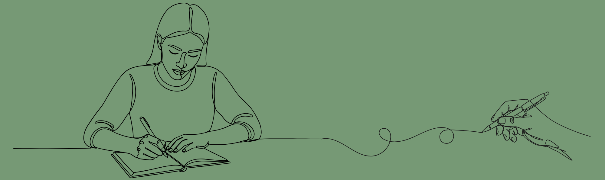 A woman drawing in a notebook with a pen connected to another hand holding a stylus, forming a continuous line drawing on a green background.