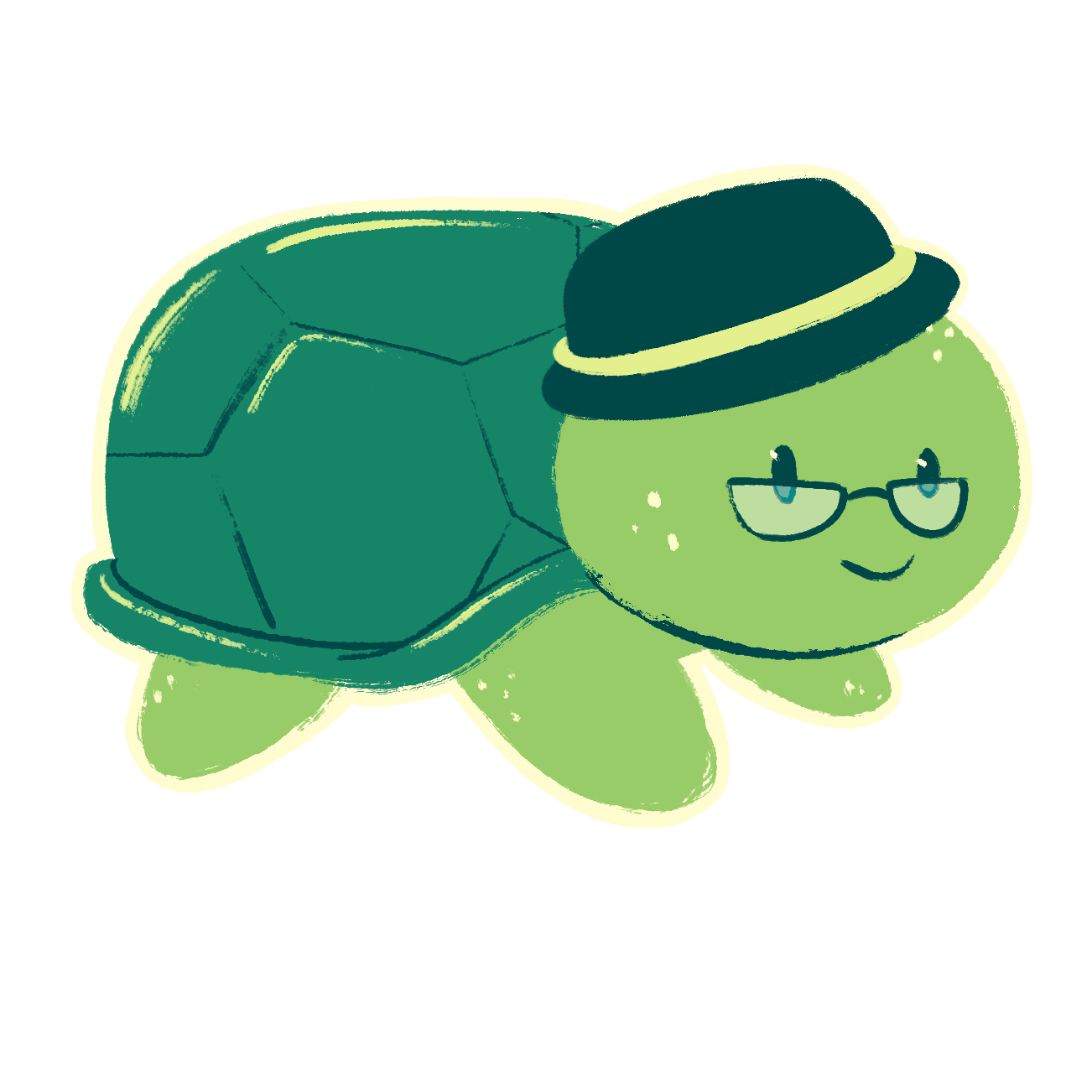 Cute cartoon turtle wearing glasses and a black bowler hat, with a happy expression and a vibrant green shell.