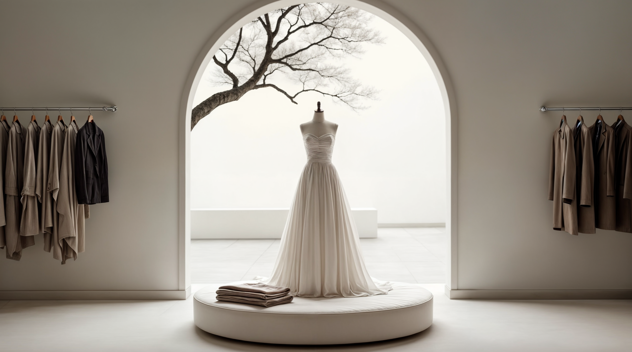 Elegant wedding dress displayed on a mannequin in a minimalist boutique with racks of neutral-colored suits on either side and a large window showcasing a leafless tree outside.