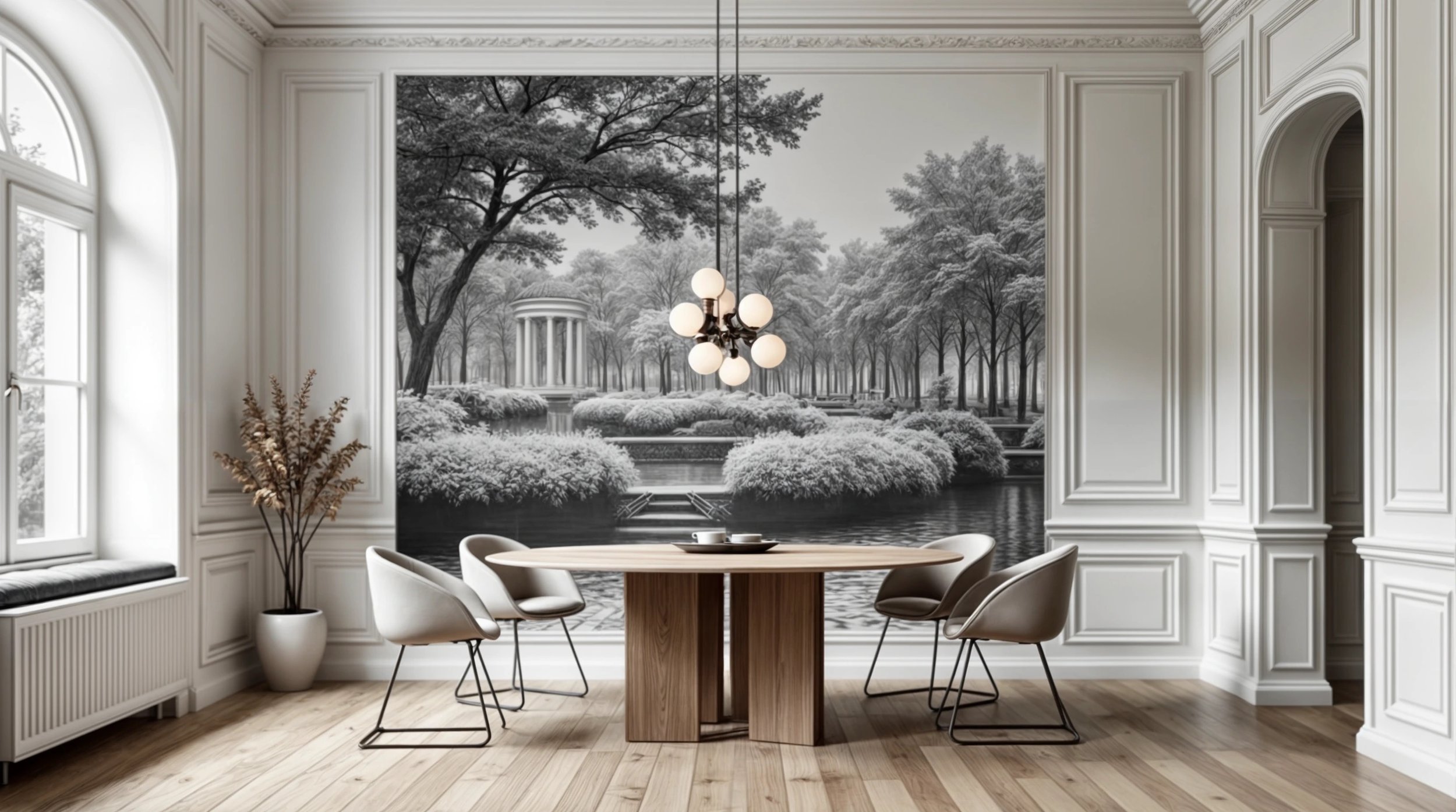 A dining room with white decorative paneling and a large black-and-white mural of a park scene with trees, a fountain, and a classical pavilion outside the window. The room has a round wooden table, six modern chairs, a chandelier, and a potted plant.