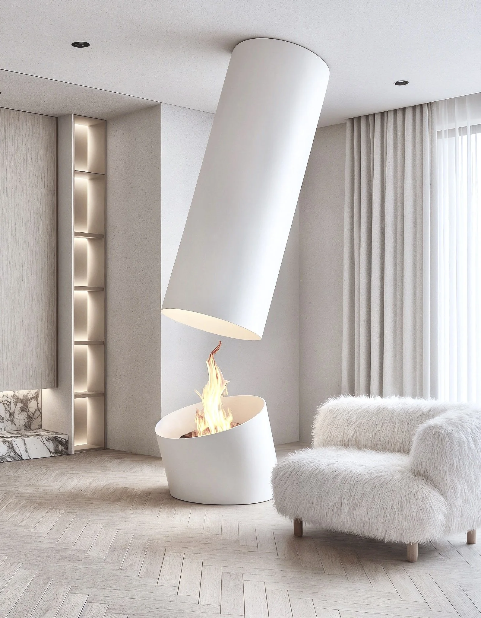Modern interior living space featuring a white fluffy armchair, a white cylindrical fireplace with flames, large windows with sheer curtains, a built-in shelf with backlit compartments, light wood flooring, and minimalist design elements.