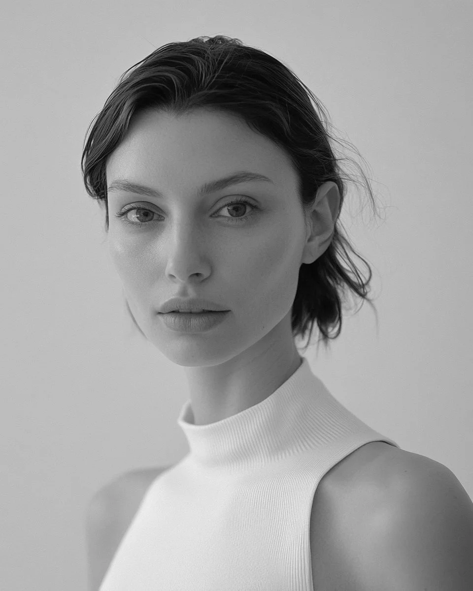 A young woman with short dark hair and light eyes, wearing a sleeveless white top, looking directly at the camera in black-and-white.