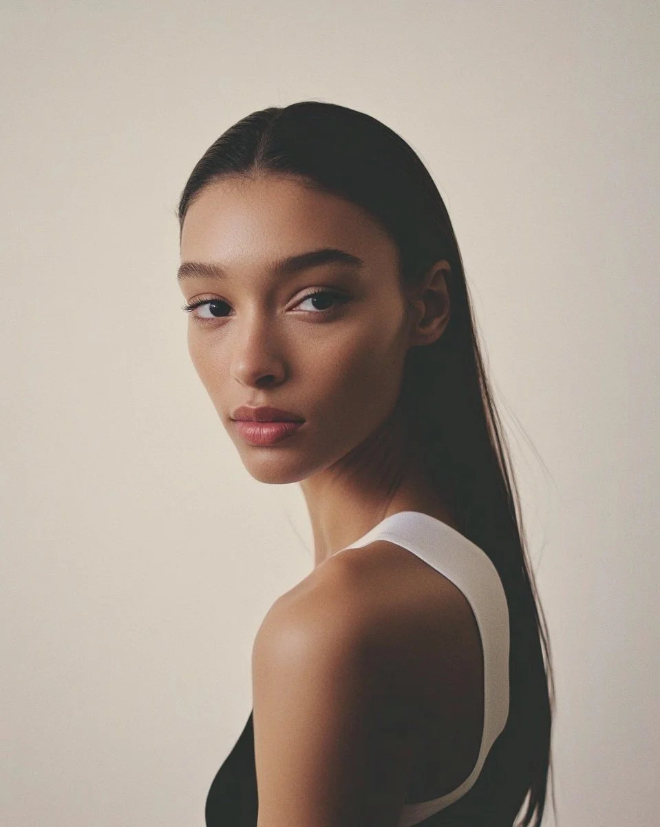 Portrait of a young woman with long dark hair, wearing a sleeveless top, looking softly at the camera against a plain, light background.