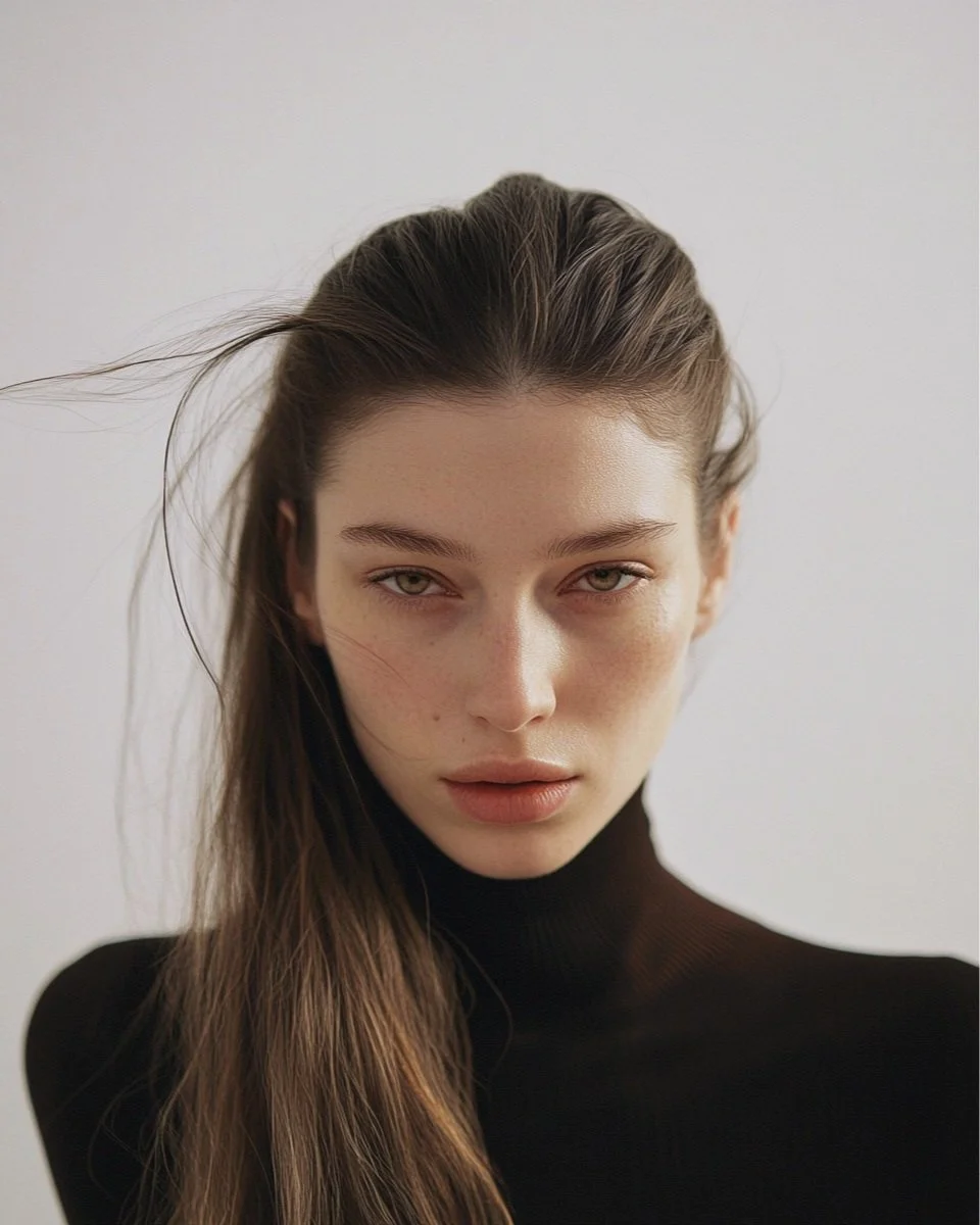 Close-up portrait of a young woman with long brown hair, wearing a black top, against a plain, light-colored background.