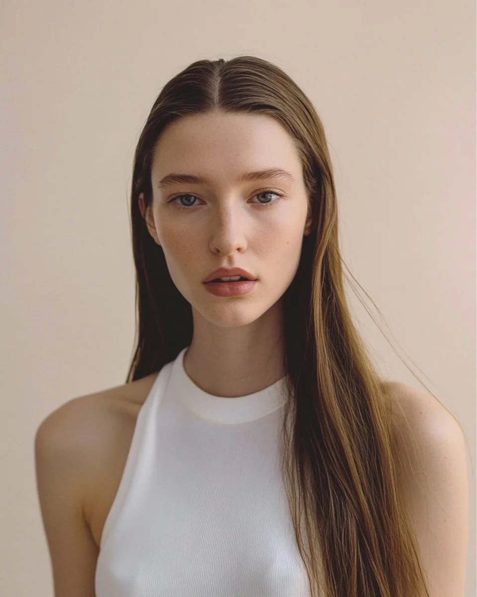 Close-up of a young woman with long, straight reddish-brown hair, wearing a white sleeveless top, against a neutral background.