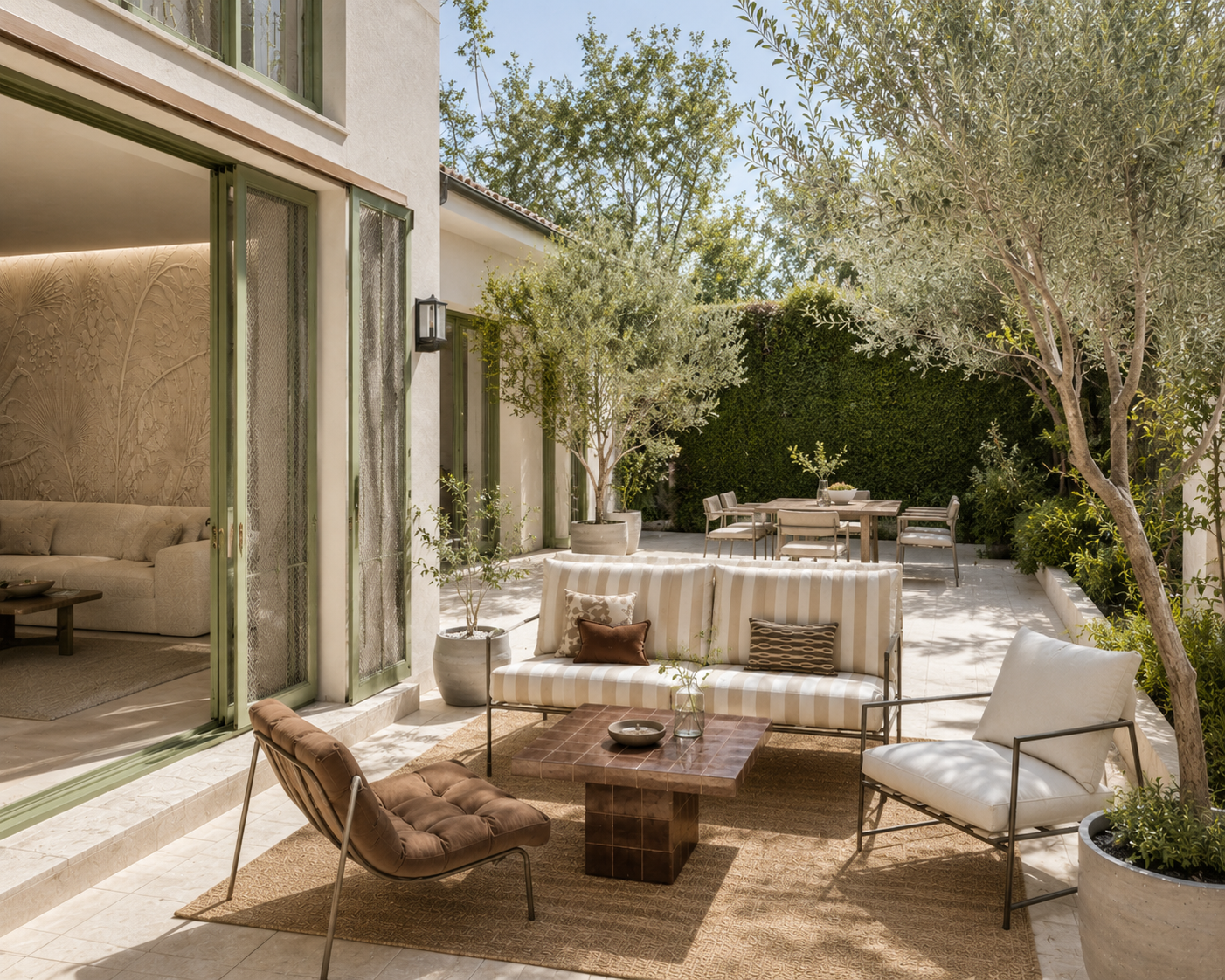An outdoor patio with outdoor furniture, potted plants, trees, and a surrounding hedge, adjacent to a house with large glass doors leading to an indoor living space.