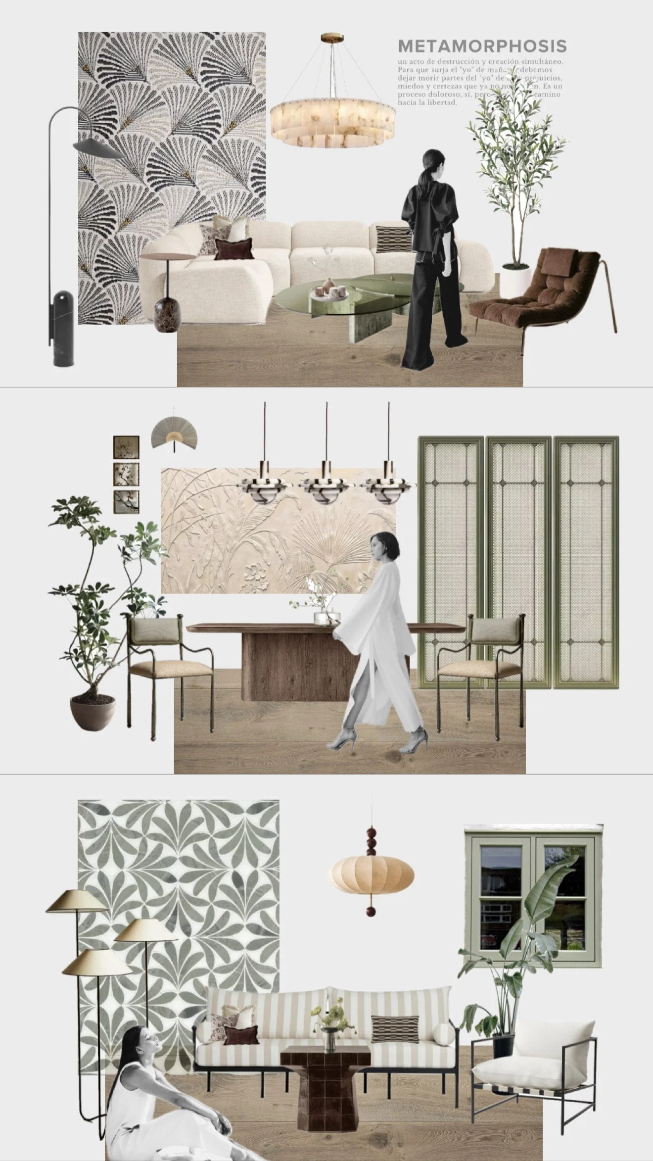 Three different interior rooms showcasing modern decor with patterns, plants, and furniture, each with a person interacting with the space.