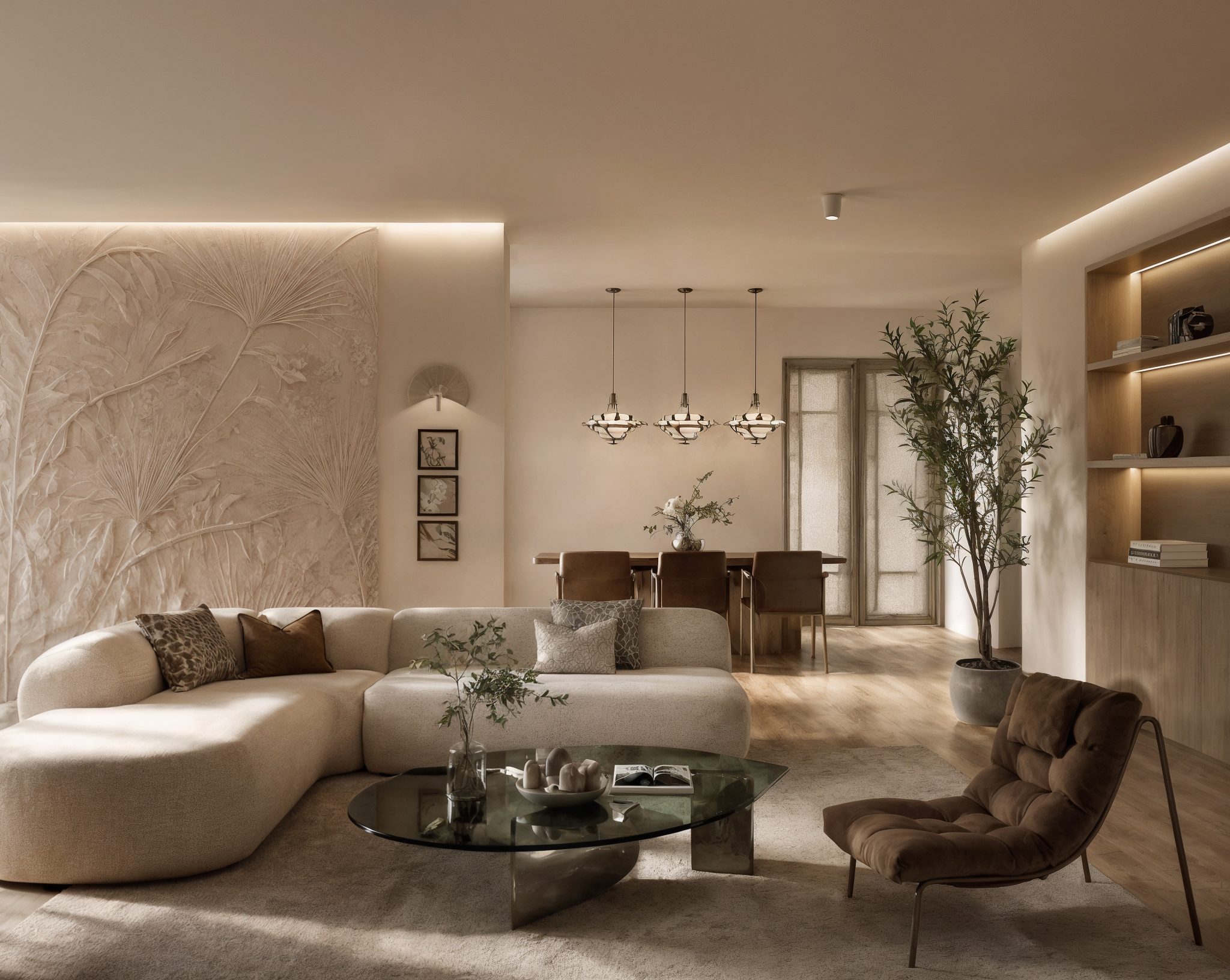 Modern living room with beige sofa and armchair, glass coffee table, large potted plant, neutral wall art, and pendant lighting.