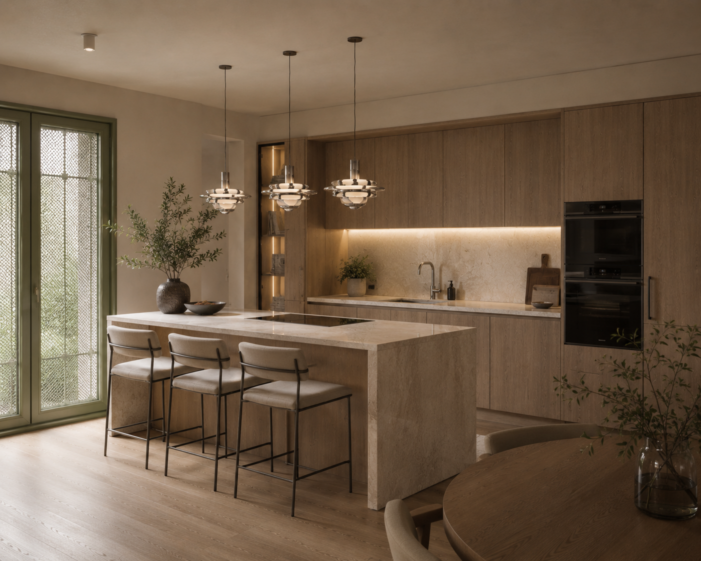 Modern kitchen with a light wood finish, featuring a large marble island, three bar stools, built-in appliances, hanging pendant lights, large window, and decorative plants.