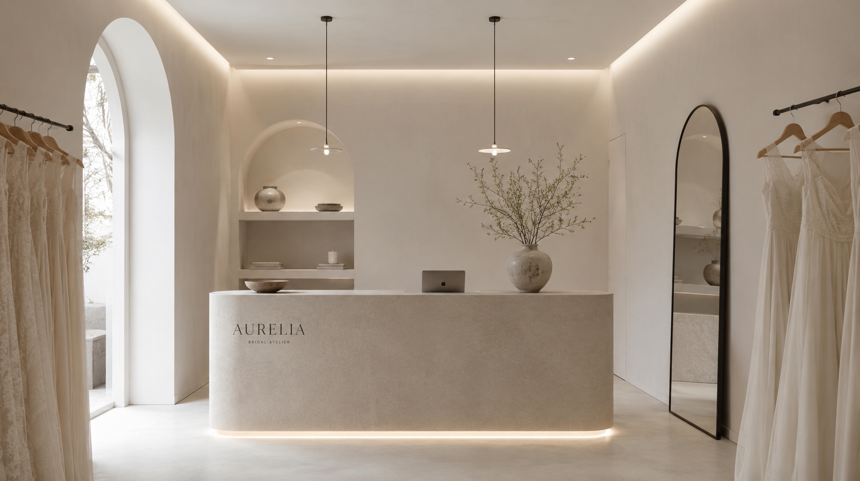 Minimalist bridal boutique with a reception desk labeled 'AURELIA Bridal Atelier', displaying a vase with branches, a laptop, and decorative items, with wedding dresses hanging on either side and a full-length mirror.