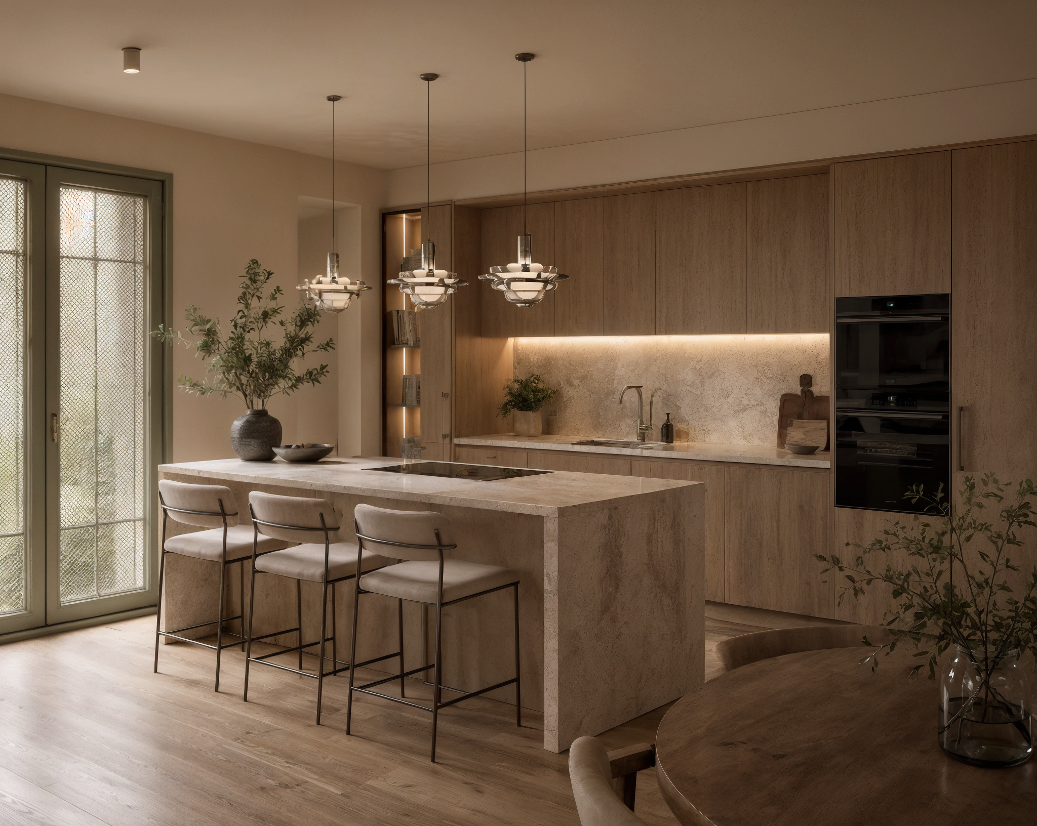 Modern kitchen with beige marble island, pendant lights, wooden cabinets, and dining table with white chairs, adjacent to large glass doors with patterned screens.