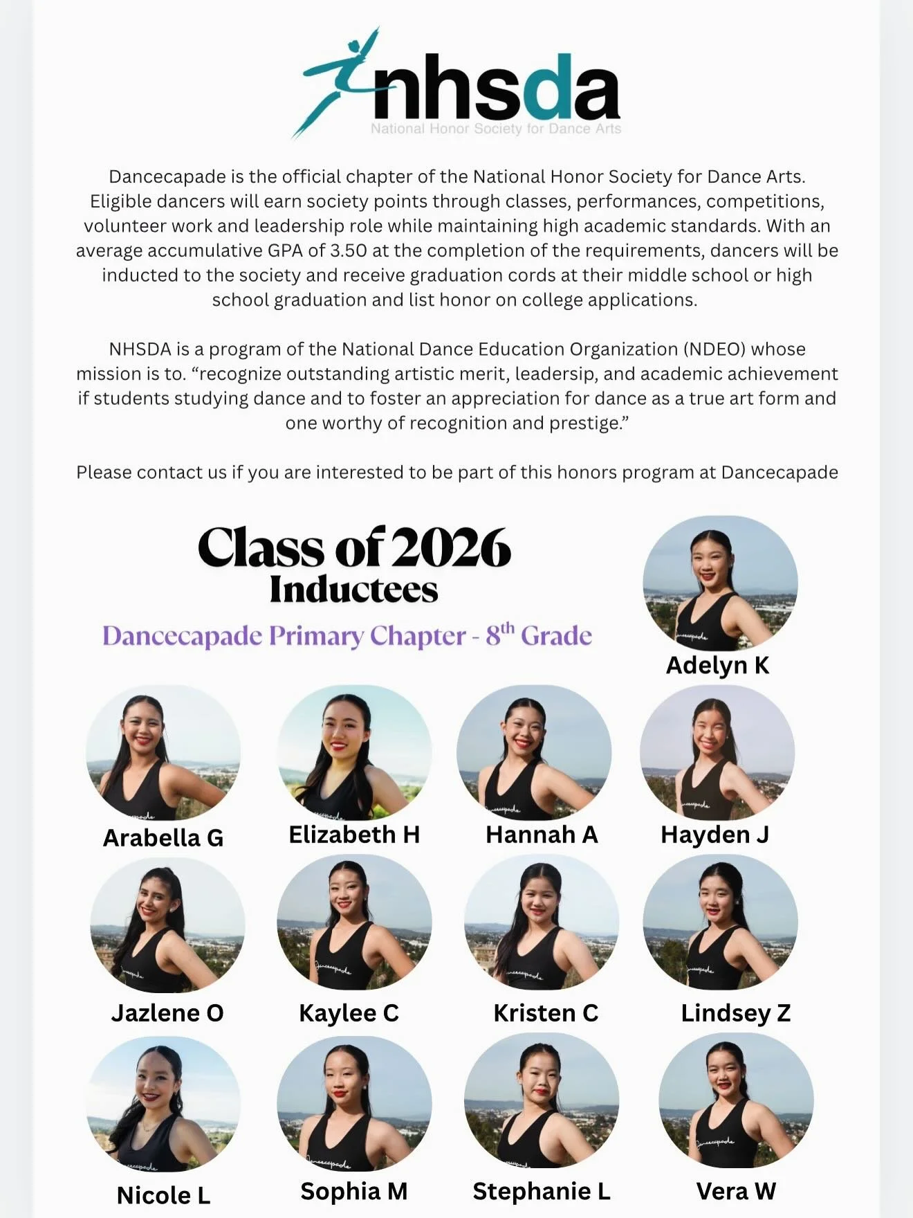 A huge congratulations to our 2026 NHSDA Inductees from both the Primary and Secondary Chapters! ⭐️Your dedication inside the classroom and at Dancecapade is truly inspiring. We are beyond proud of the hard work, passion, and excellence you continue 