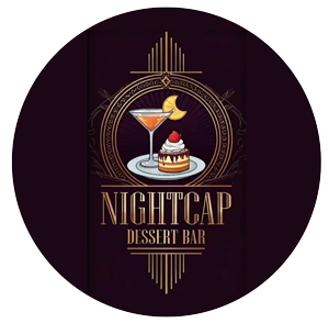 Logo for Nightcap Dessert Bar featuring a cocktail glass with a lemon wedge and a dessert with a cherry, set against a dark background with gold accents.