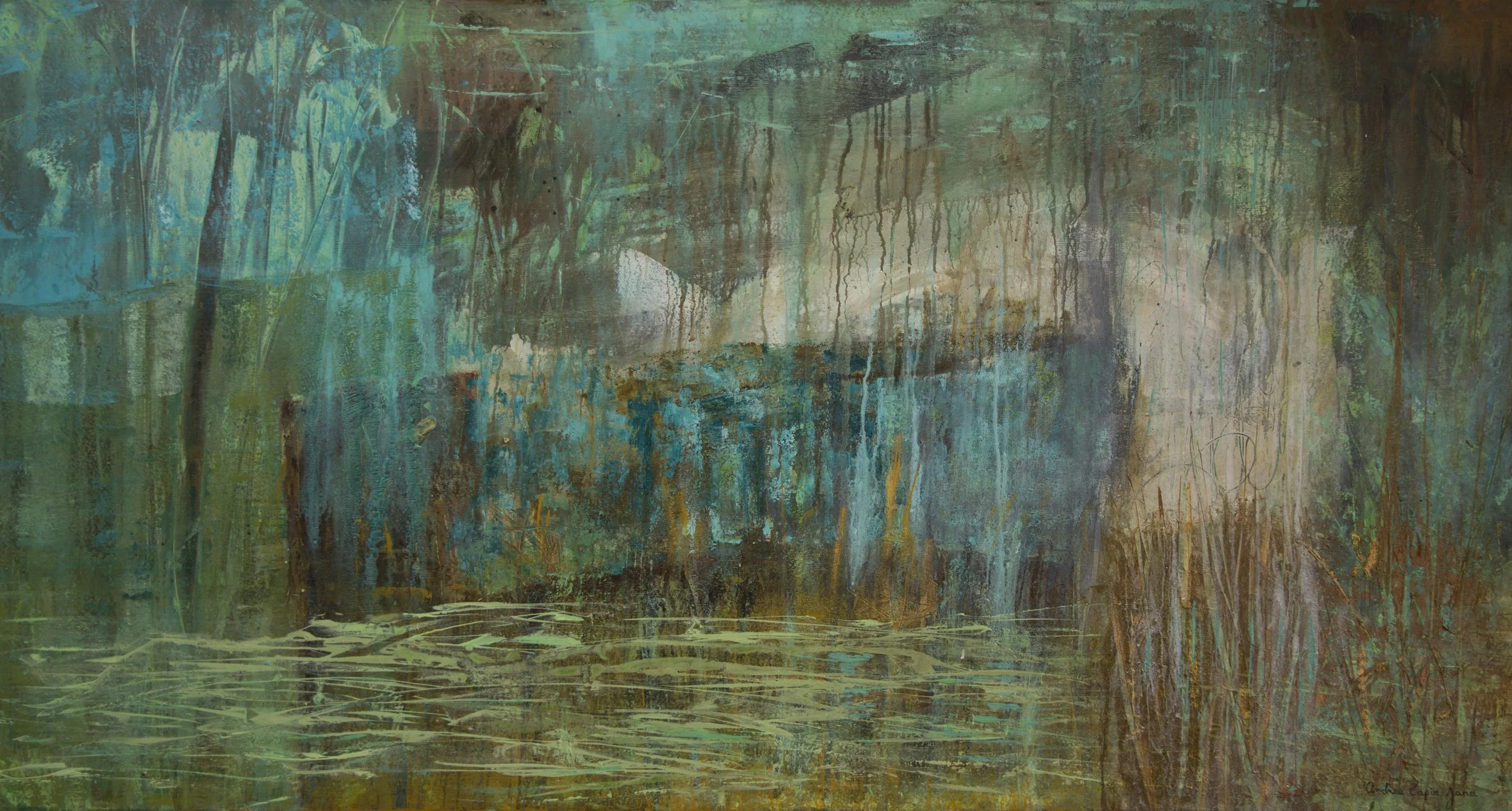 Abstract painting with blue, green, yellow, and brown colors blending and dripping, featuring textured brushstrokes and layered paint.
