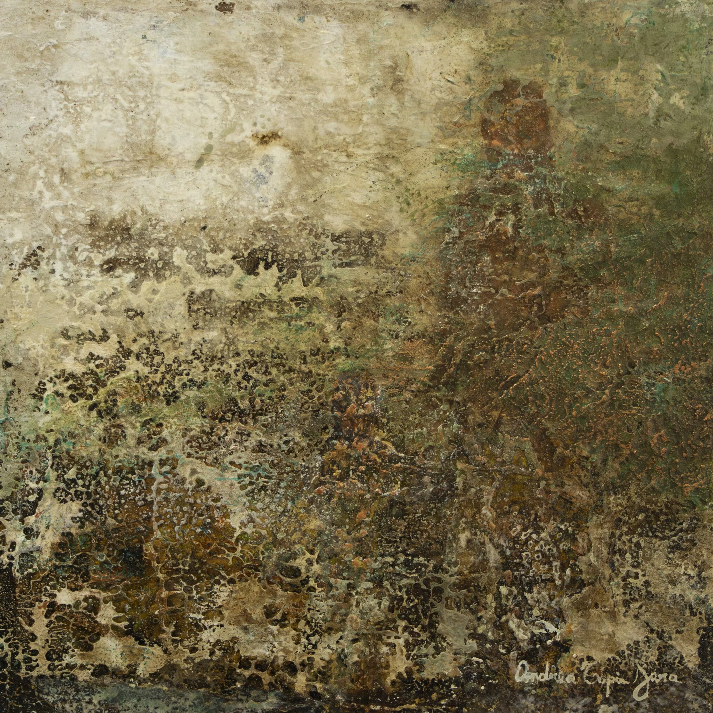 Close-up view of a rusted, textured metal surface with speckles and patches of corrosion in various shades of brown, green, and orange.