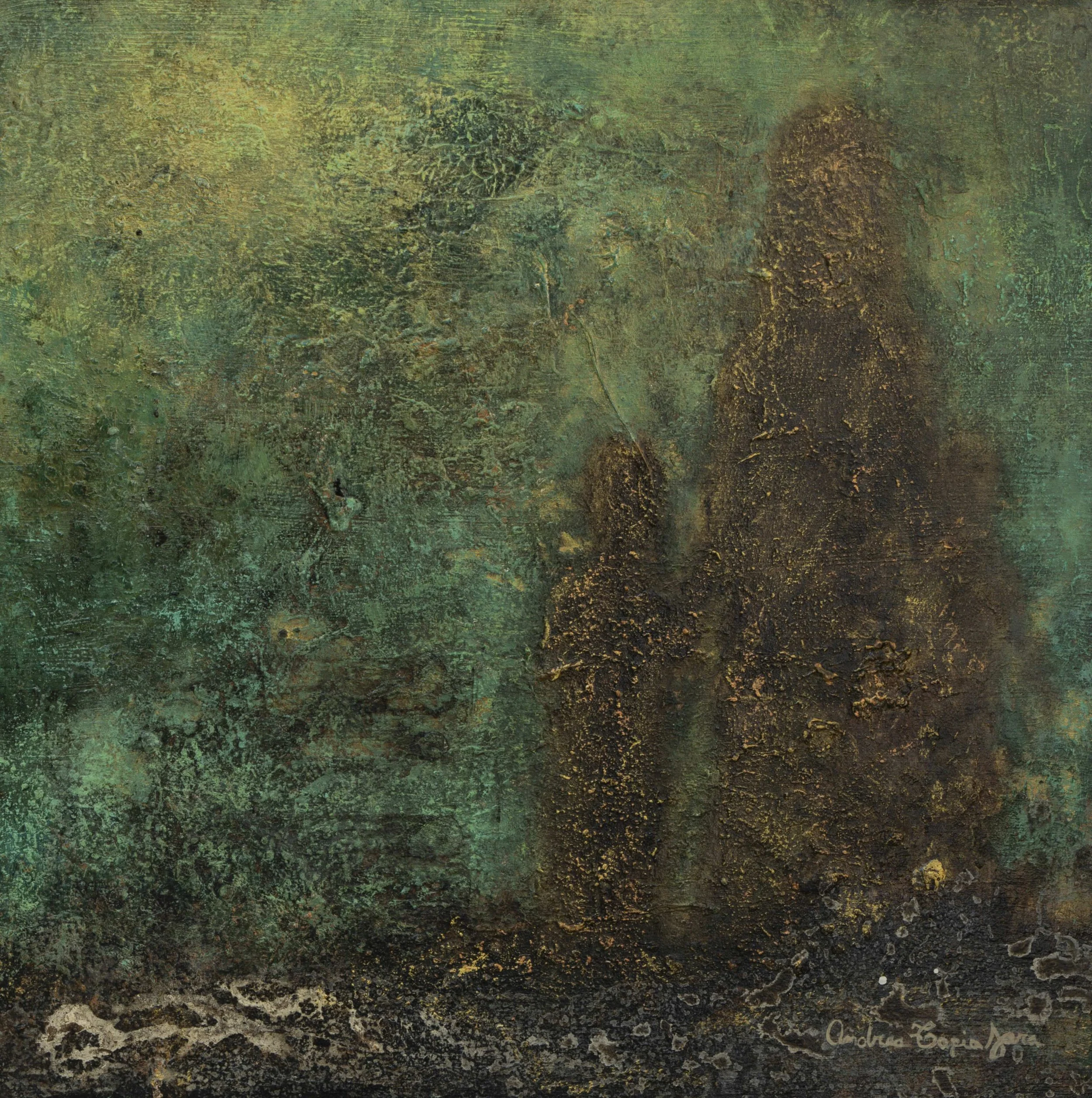 Close-up of a textured, multicolored abstract painting with shades of green, brown, and gold.