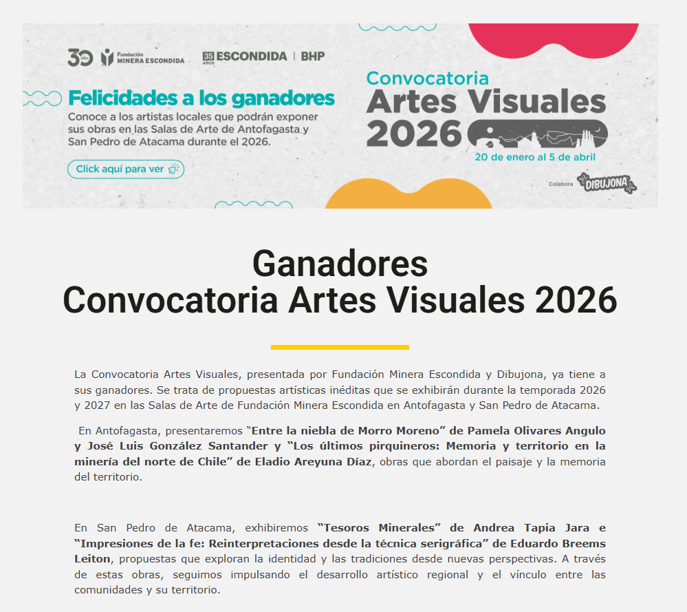 Banner for the 2026 Visual Arts Call for Entries, by Fundación Minera Escondida and Dibujona, announcing open submissions from January 20 to April 5, with congratulatory message for winners.