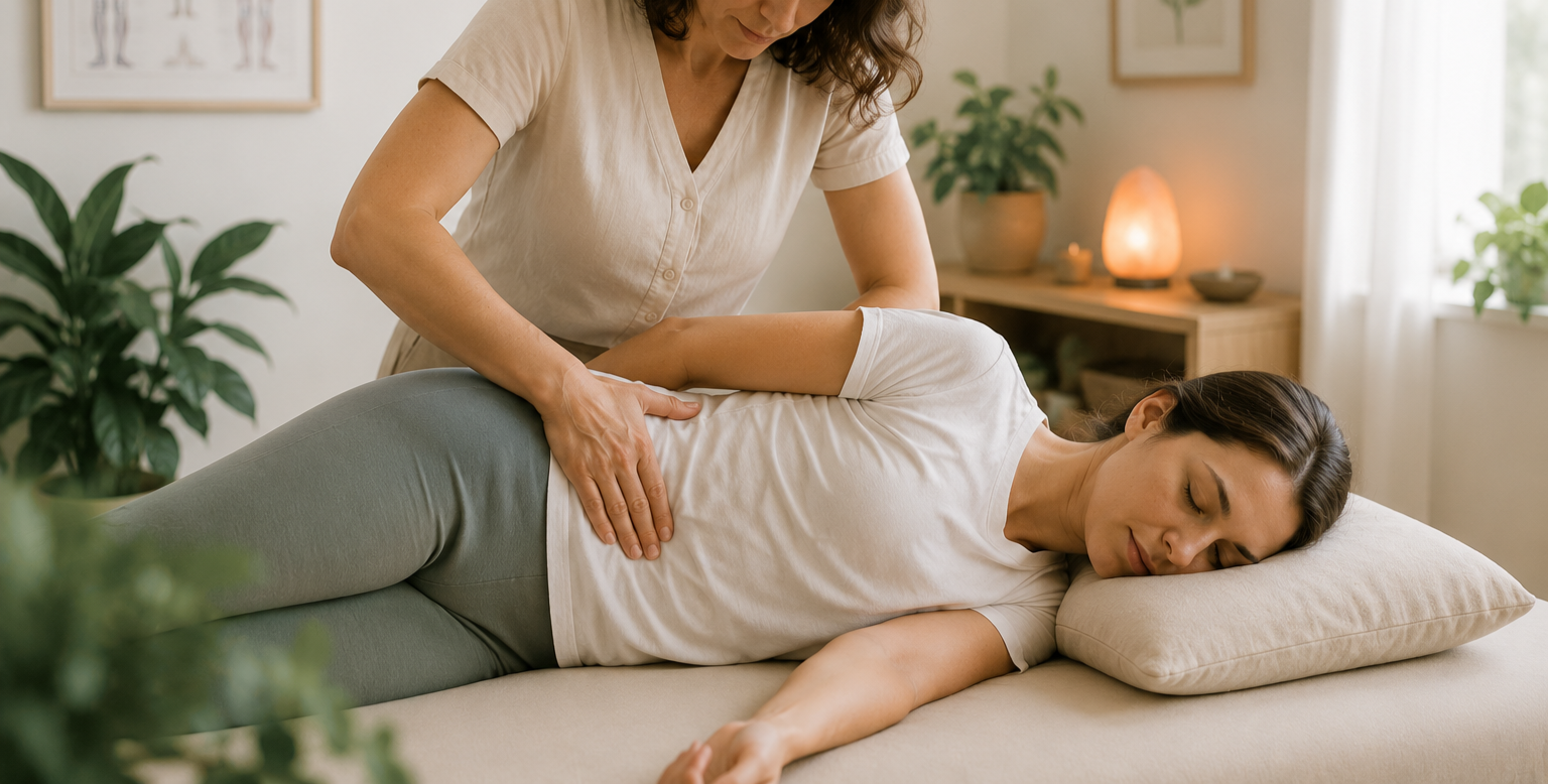 Woman receiving a massage in a cozy, softly lit room with plants and ambient lighting.