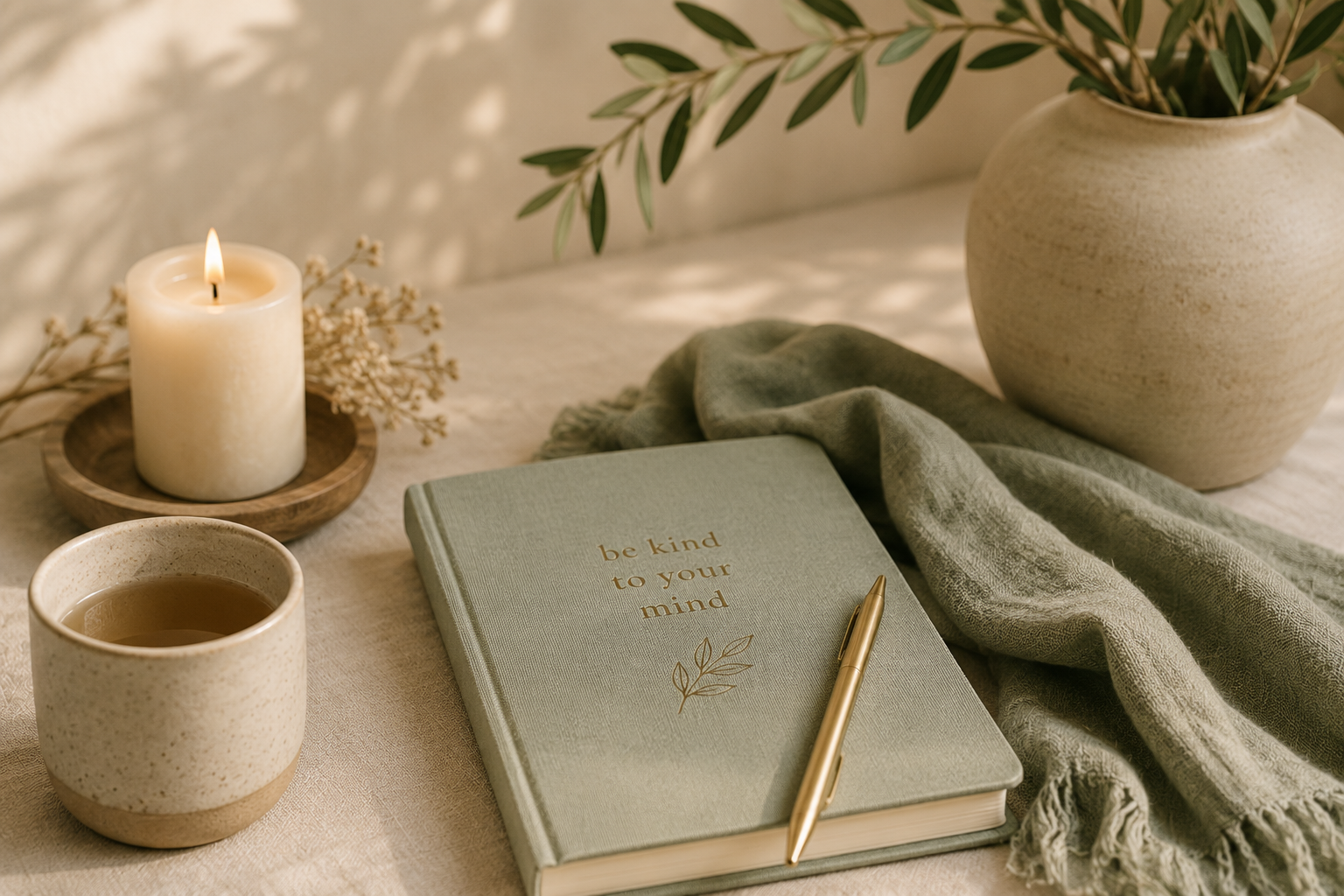 A cozy, neutral-toned workspace with a lit candle, a cup of tea, a green notebook with the words 'be kind to your mind' and a gold pen, a gray scarf, and a beige ceramic vase with green leaves.