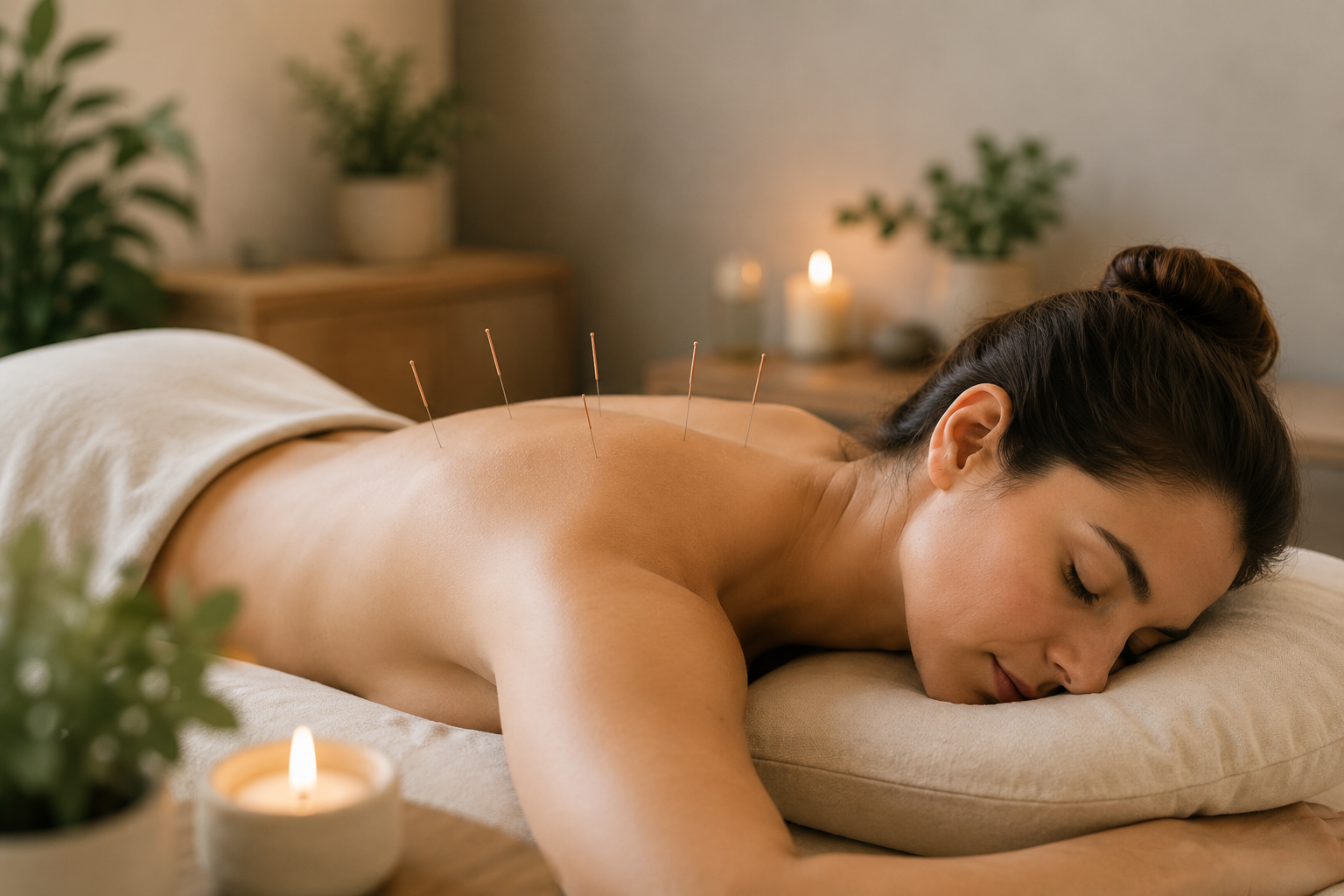 A woman lies face down on a massage table with five acupuncture needles inserted in her back. The room is softly lit with candles and plants in the background.