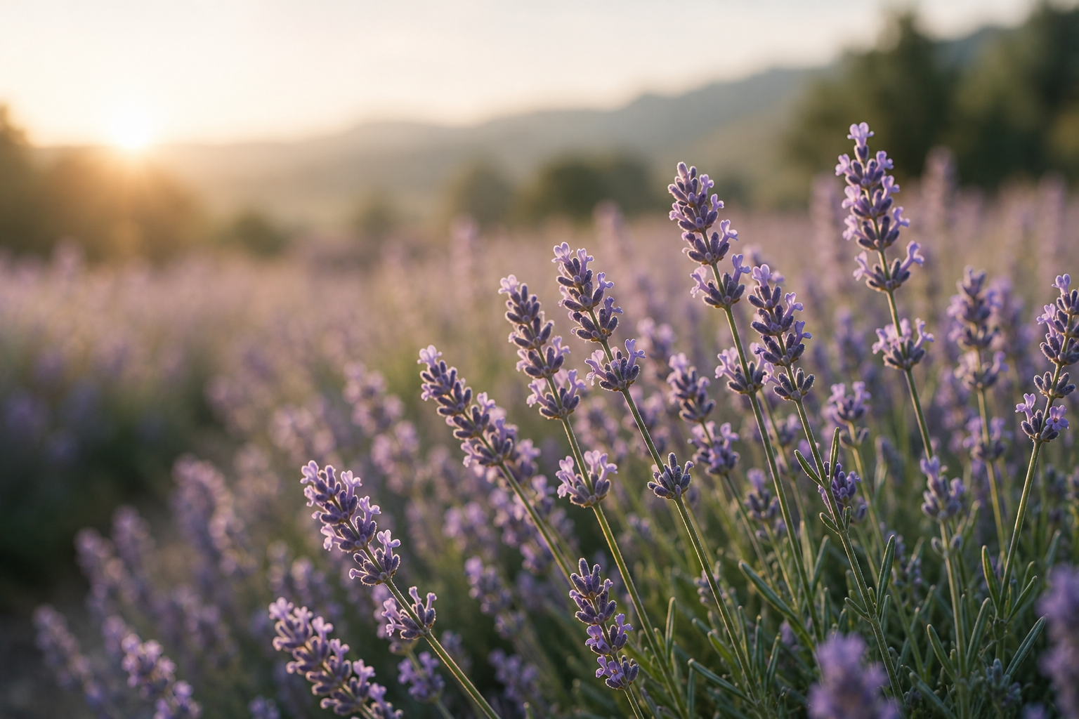 Lavender flowers in a field at sunset with mountains in the background.
