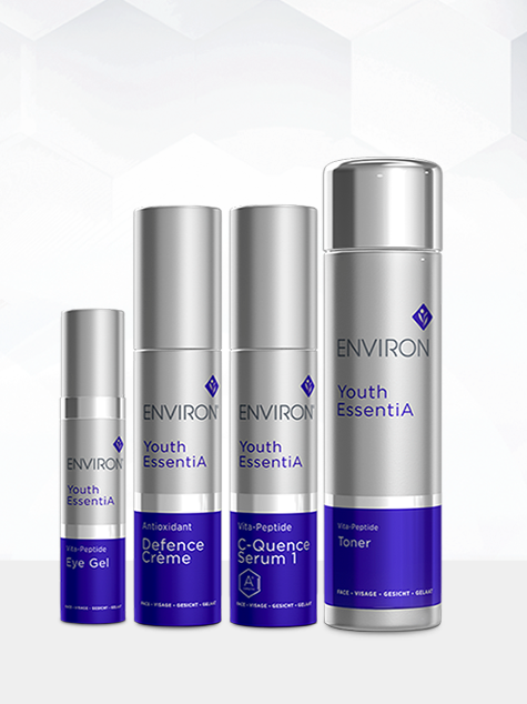 Four skincare products from Environ, including Eye Gel, Defence Creme, C-Quence Serum 1, and Youth EssentiA Toner, displayed in a row.
