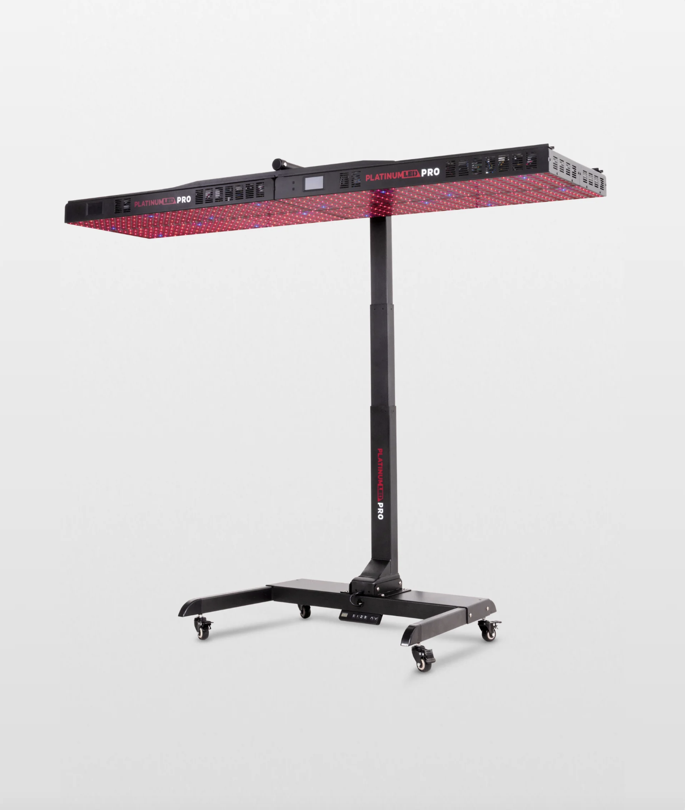 A large LED grow light panel with red and blue lights, mounted on a black adjustable stand with wheels for mobility.
