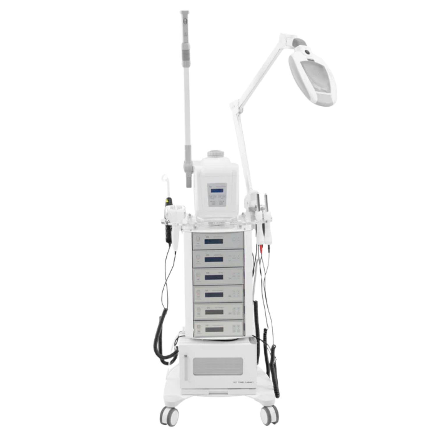 Medical equipment cart with multiple monitors, devices, and cords, used for endoscopy or surgical procedures, on caster wheels.