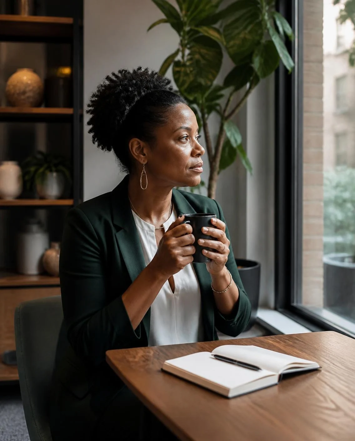 An elegant woman with curly black hair in a bun, wearing a dark green blazer and white blouse, sitting at a wooden table near a large window, holding a black mug, with an open notebook and pen in front of her, and a green indoor plant in the background.