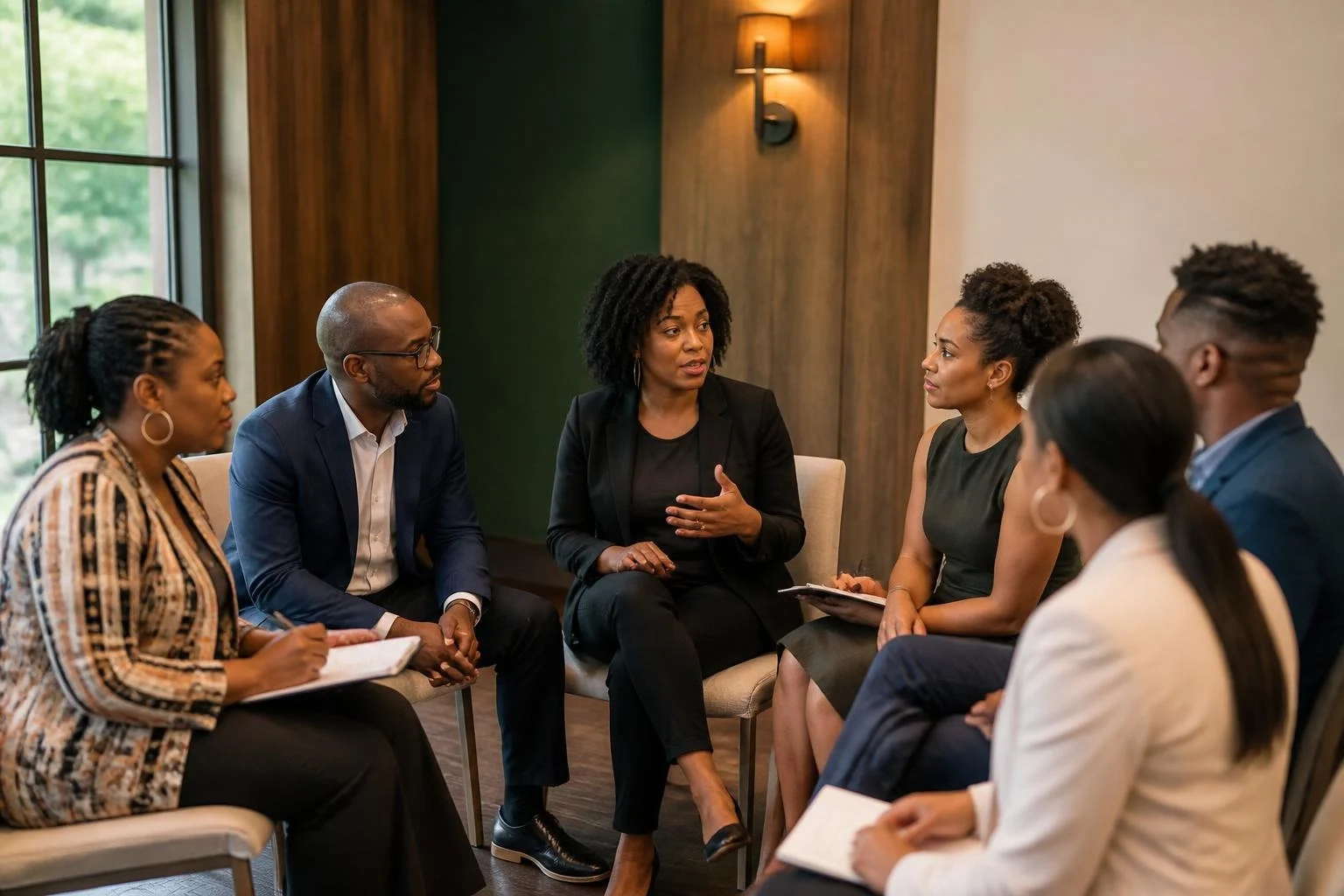A diverse group of six professionals having a discussion in a conference room.