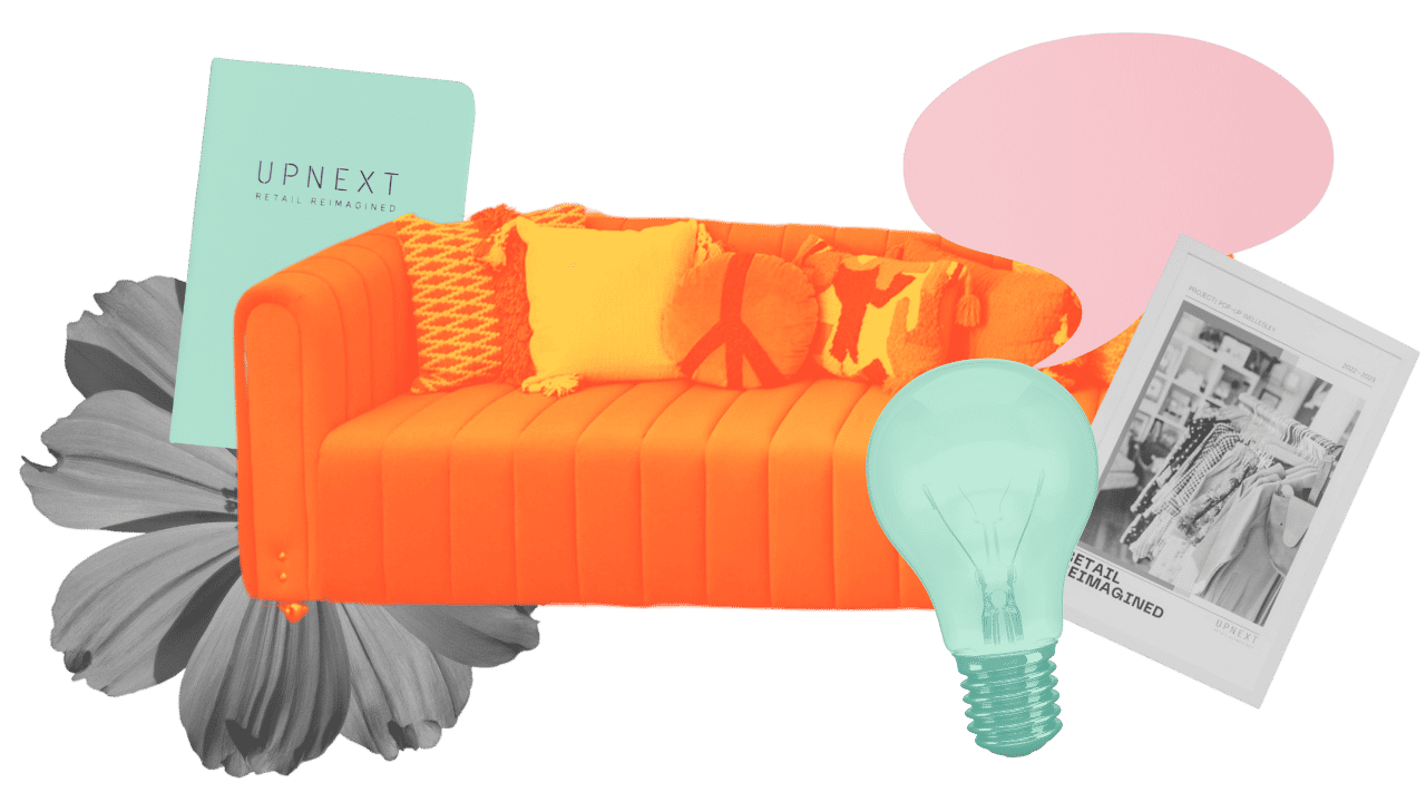 colorful graphic showing a coach, flower, notebook, and chair