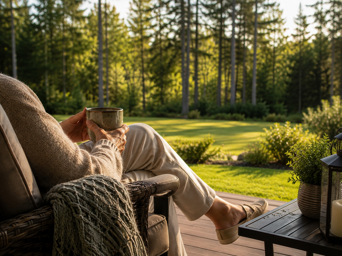 Person sitting on a patio chair, holding a mug with a scenic view of a green lawn and trees at sunset.