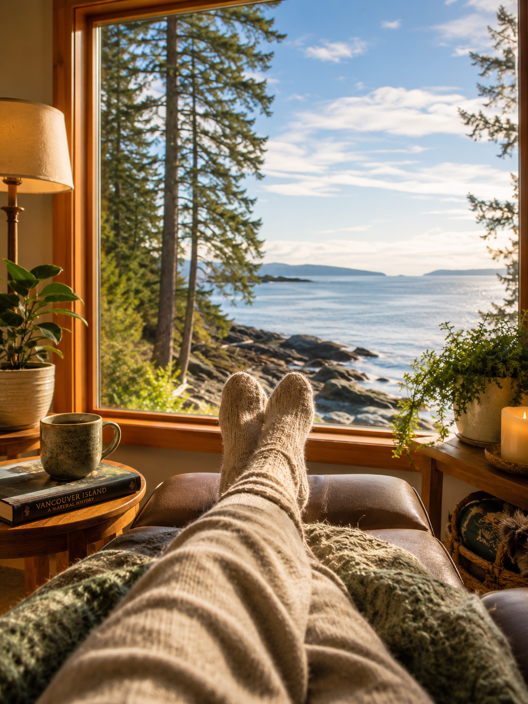 Person relaxing on a couch with feet up, wearing cozy beige socks, looking out a large window at a scenic view of trees, rocks, water, and distant islands on a clear day.